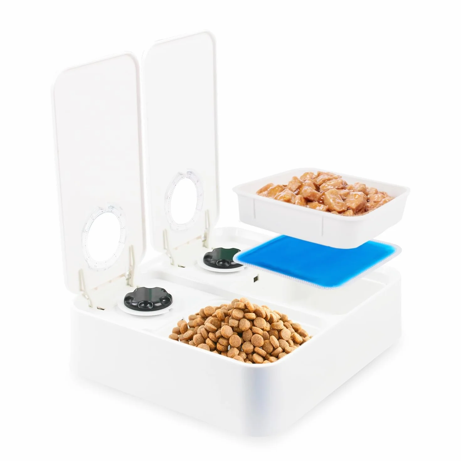 ALL FOR PAWS Comedero automático para gatos y perros de 2 comidas - Dispensador de alimentos secos y húmedos, temporizador de 48 horas, paquete de hielo incluido, apto para lavavajillas, blanco