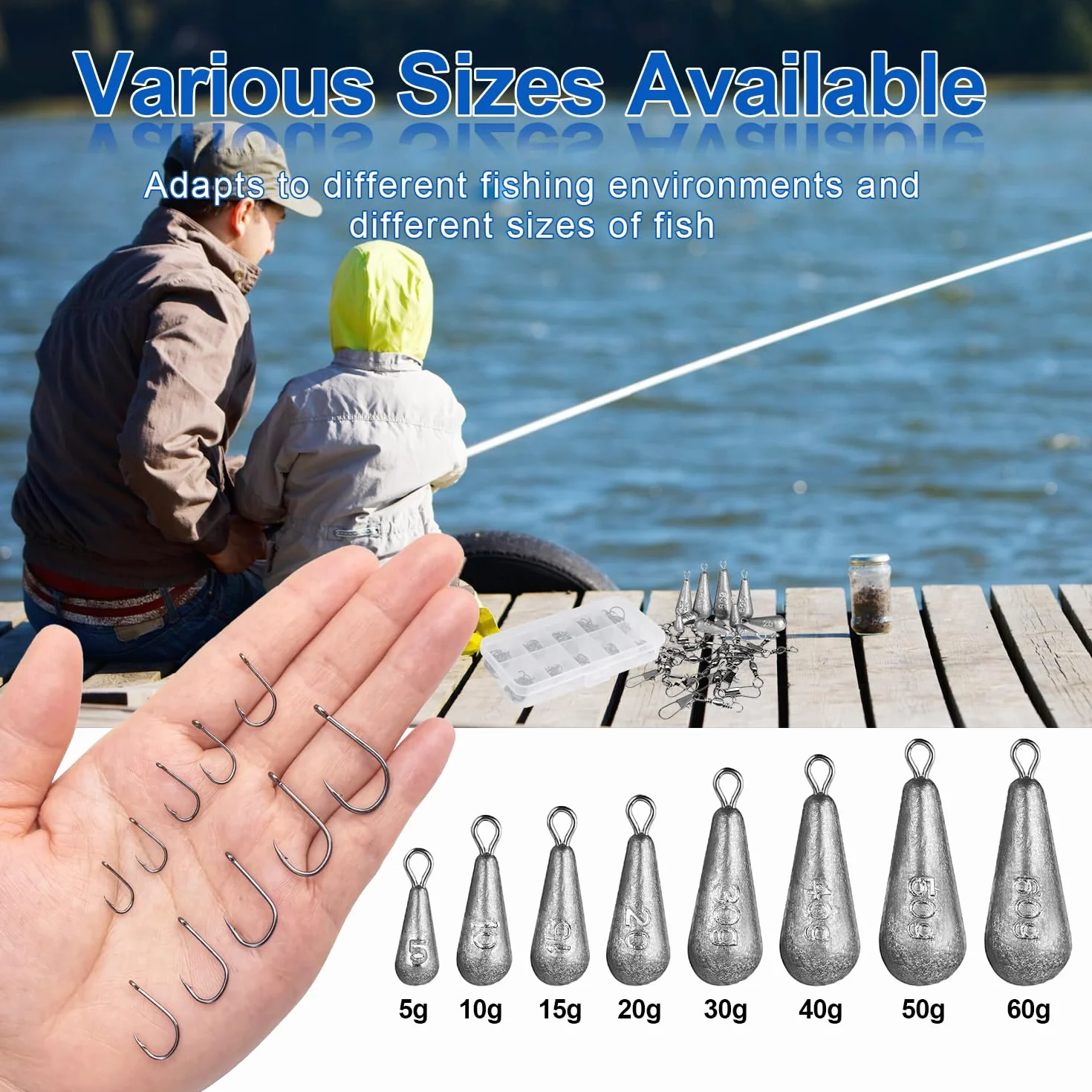 Kit de Pescas 125 Piezas Anzuelos de Pesca Plomos para Mar Surfcasting Carpa Trucha 5-60 g