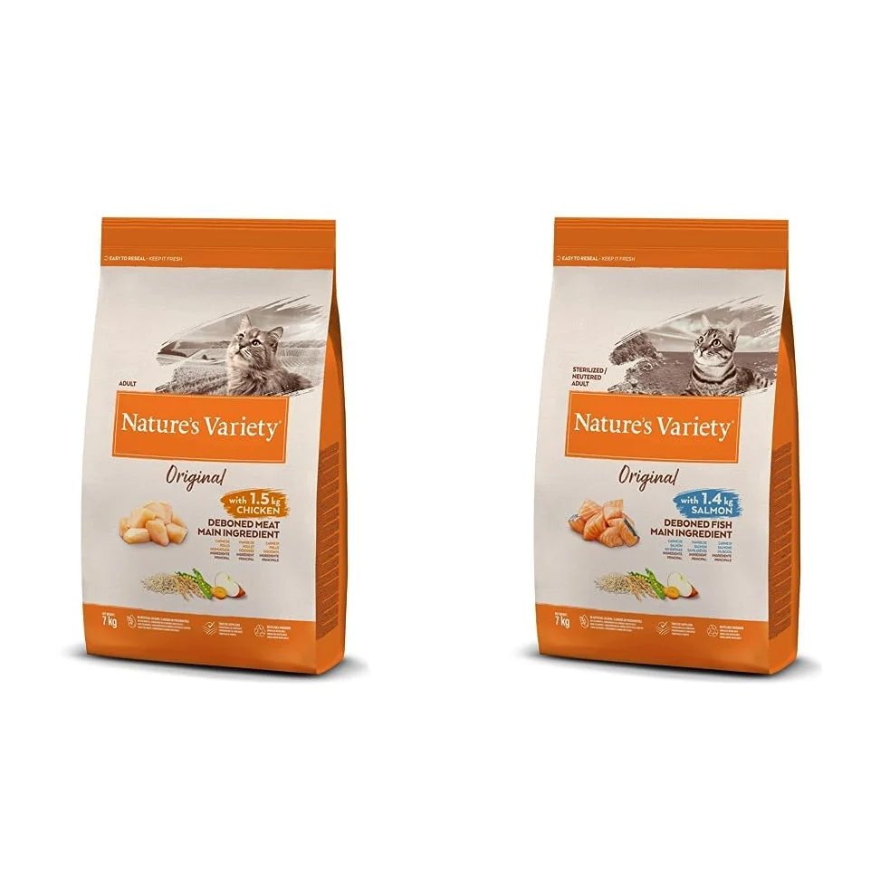 Nature's Variety Original, Pienso para Gatos Adultos con Pollo Deshuesado, 7kg & Original, Pienso para Gatos Adultos Esterilizados con Salmón sin Espinas, 7kg