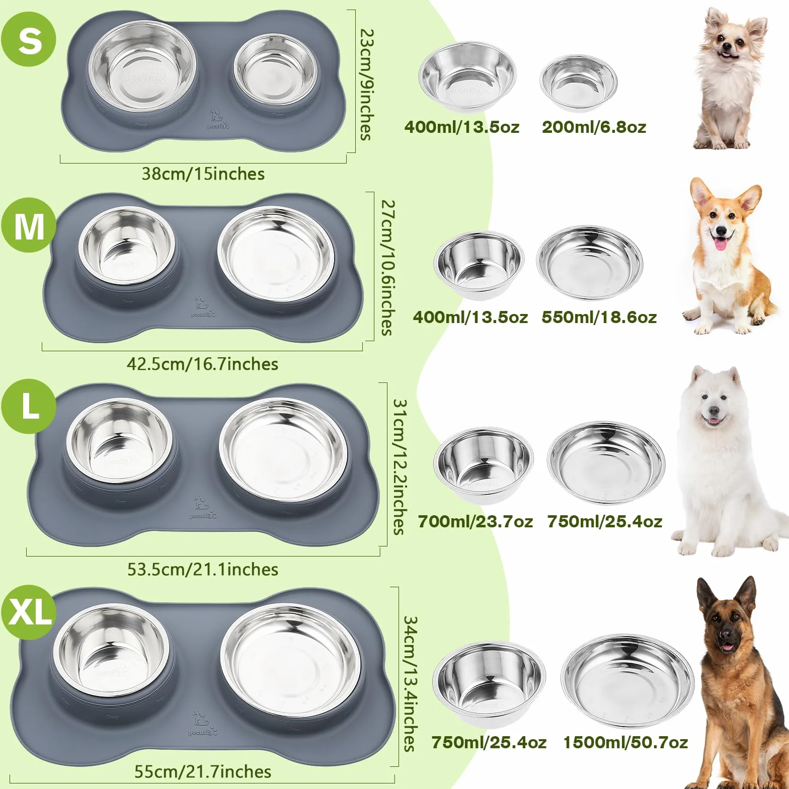 Pecute Comedero Perro y Gato, 3-in-1 Bebedero para Gatos Perros, Mascotas Pequeño de Acero Inoxidable Extraíble de Acero, Base de Silicona Antideslizante (400ml/13.5oz + 200ml/6.8oz)
