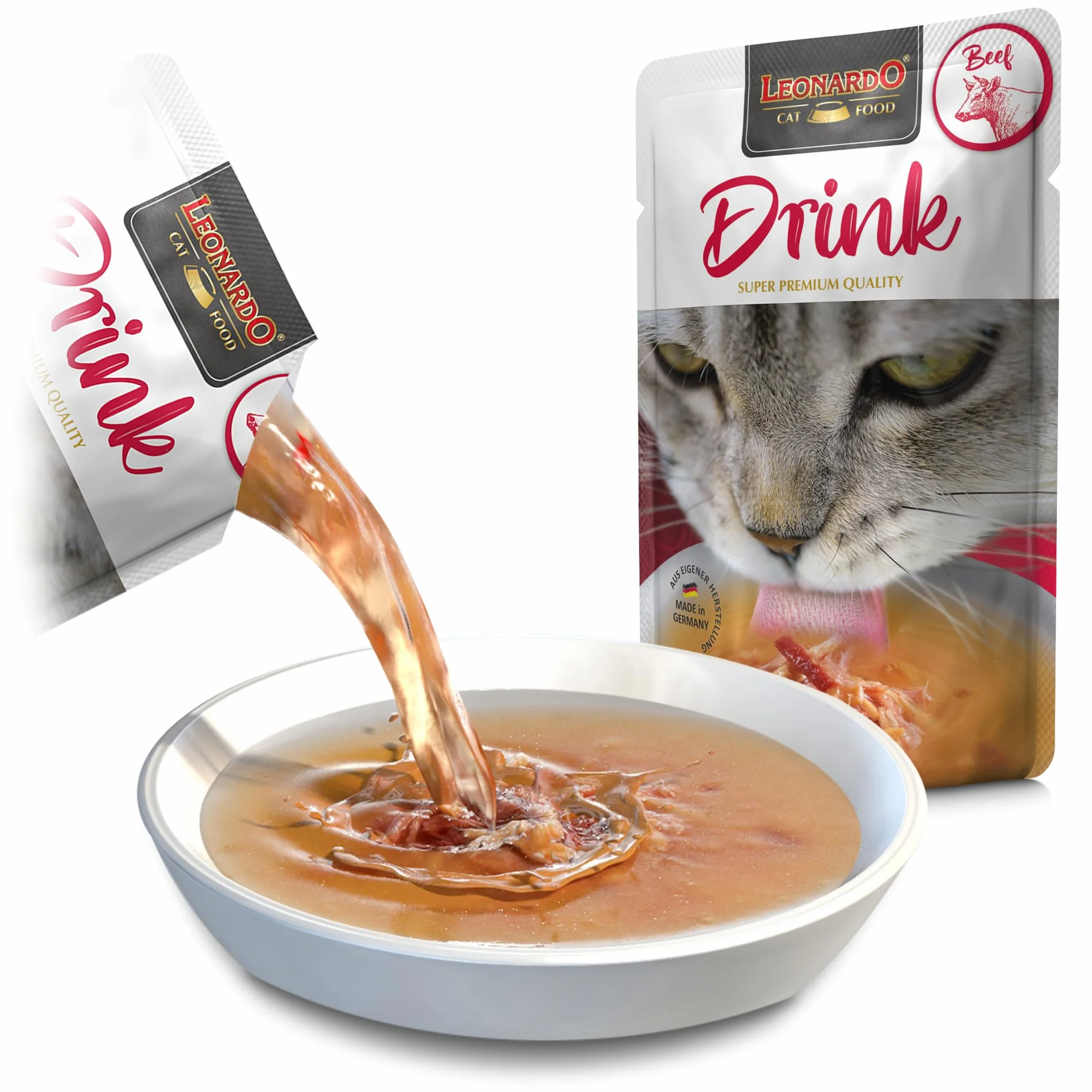 LEONARDO Drink Beef [20x40g Paquete múltiple Drink con Ternera] Bebida para Gato | Caldo de Carne con Tiras | Alimento complementario para Gatos