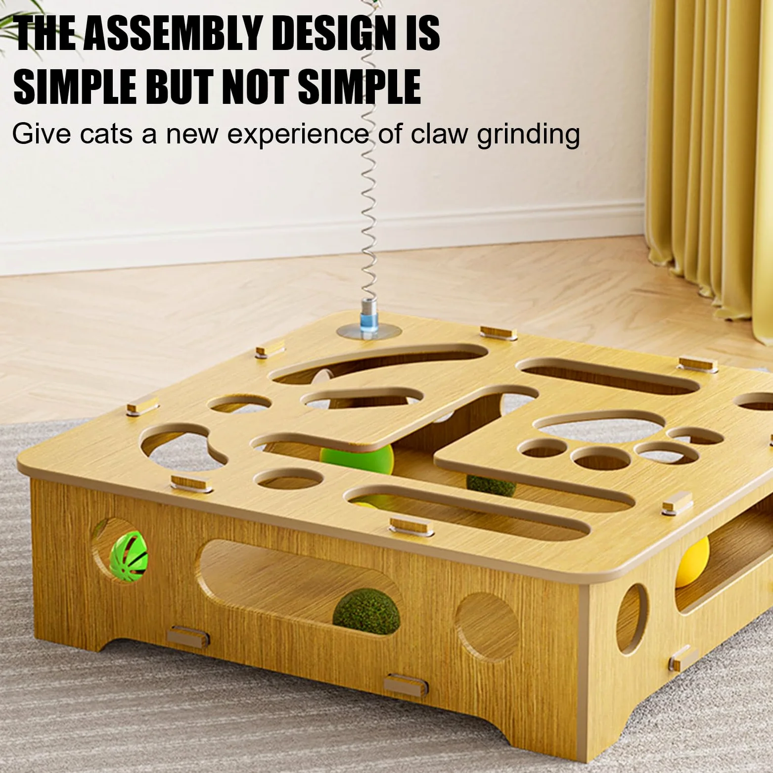Juguete de rompecabezas para gatos, juguetes interactivos, caja de madera con plumas y bolas, para gatos de interior