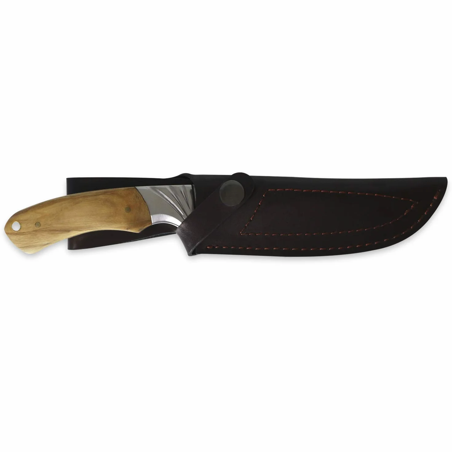 iFIELD Cuchillo de caza Camper EL29014, mango Olivo, hoja 14 cm, total 26 cm, virola acero, funda piel marrón