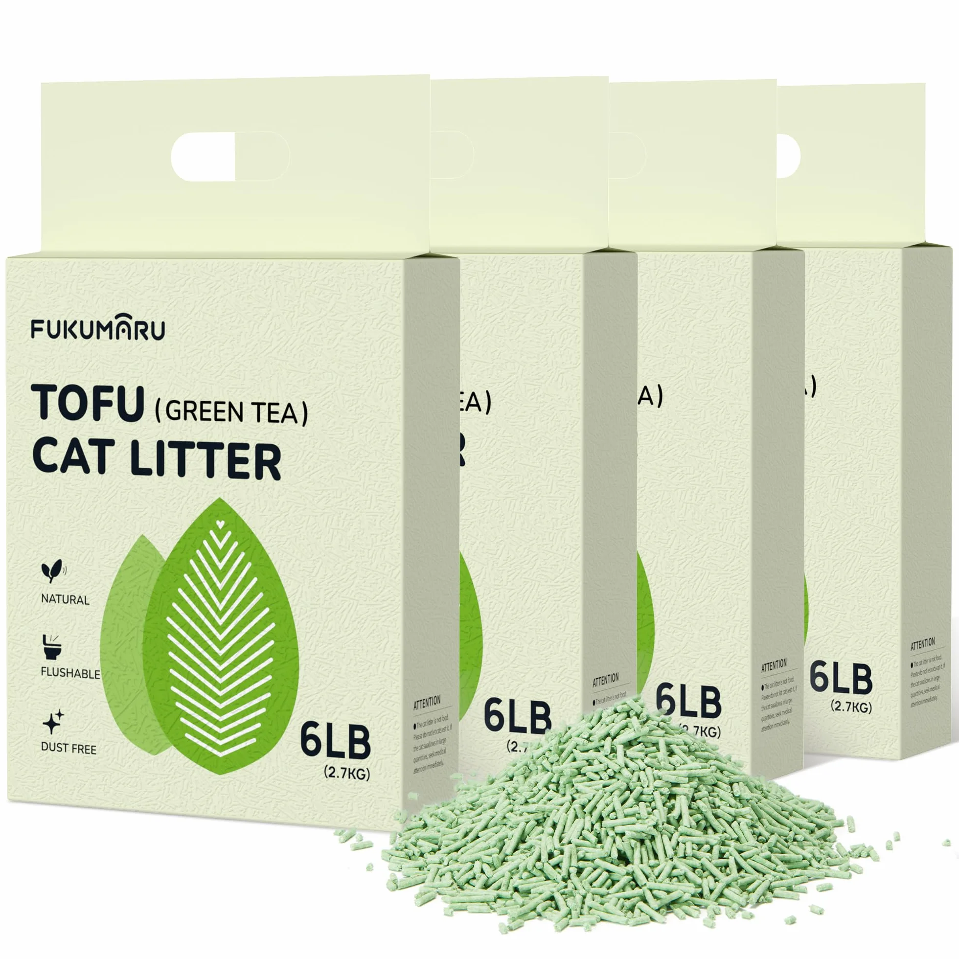 FUKUMARU Arena de Tofu para Gatos 10.8kg - Arena Aglomerante, Control de Olores, Aroma de Té Verde, Sin Polvo