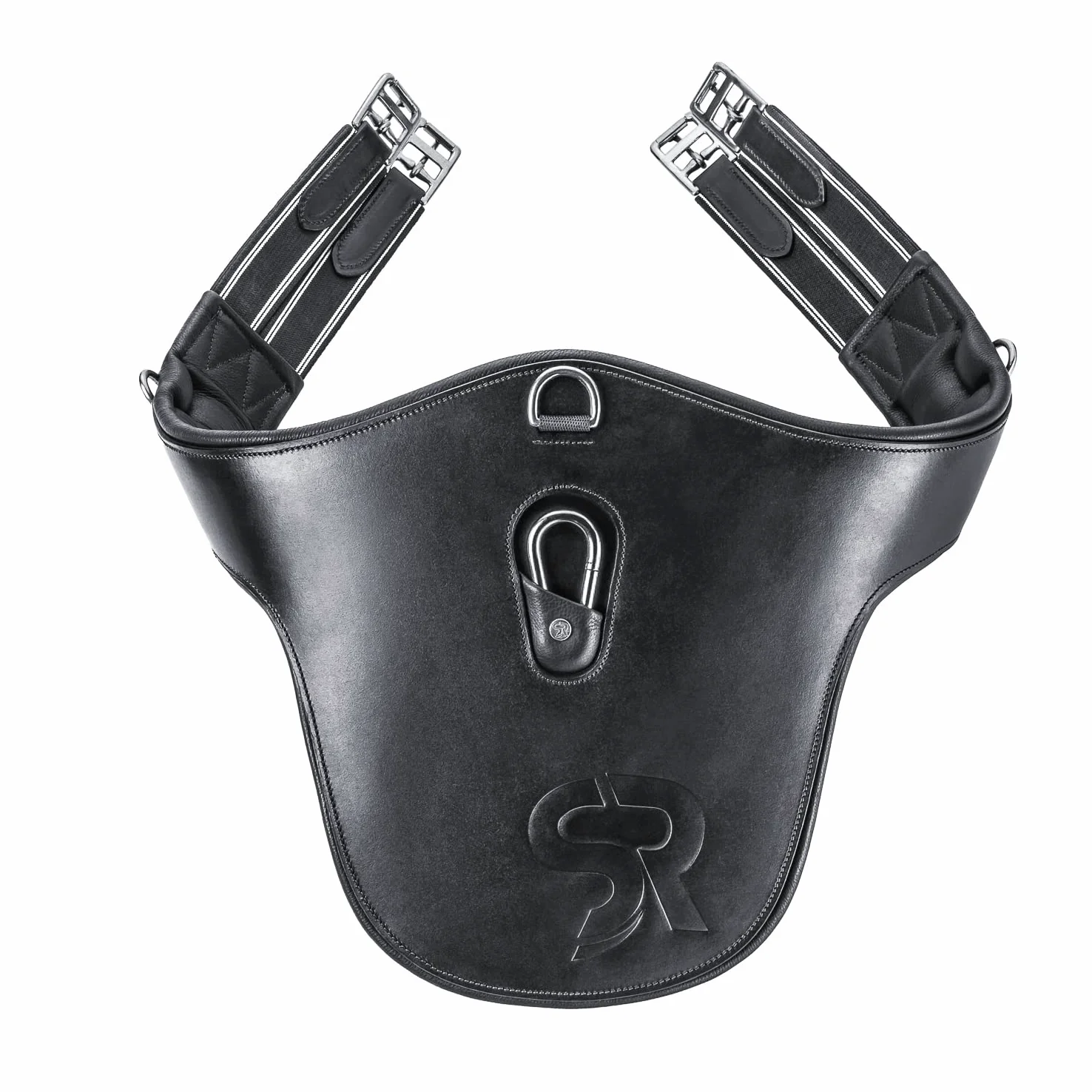 SUNRIDE Cincha de Cuero auténtico para Caballos (Hickstead), con Anilla en D (3X) y mosquetón para riendas auxiliares (130 cm, Negro)