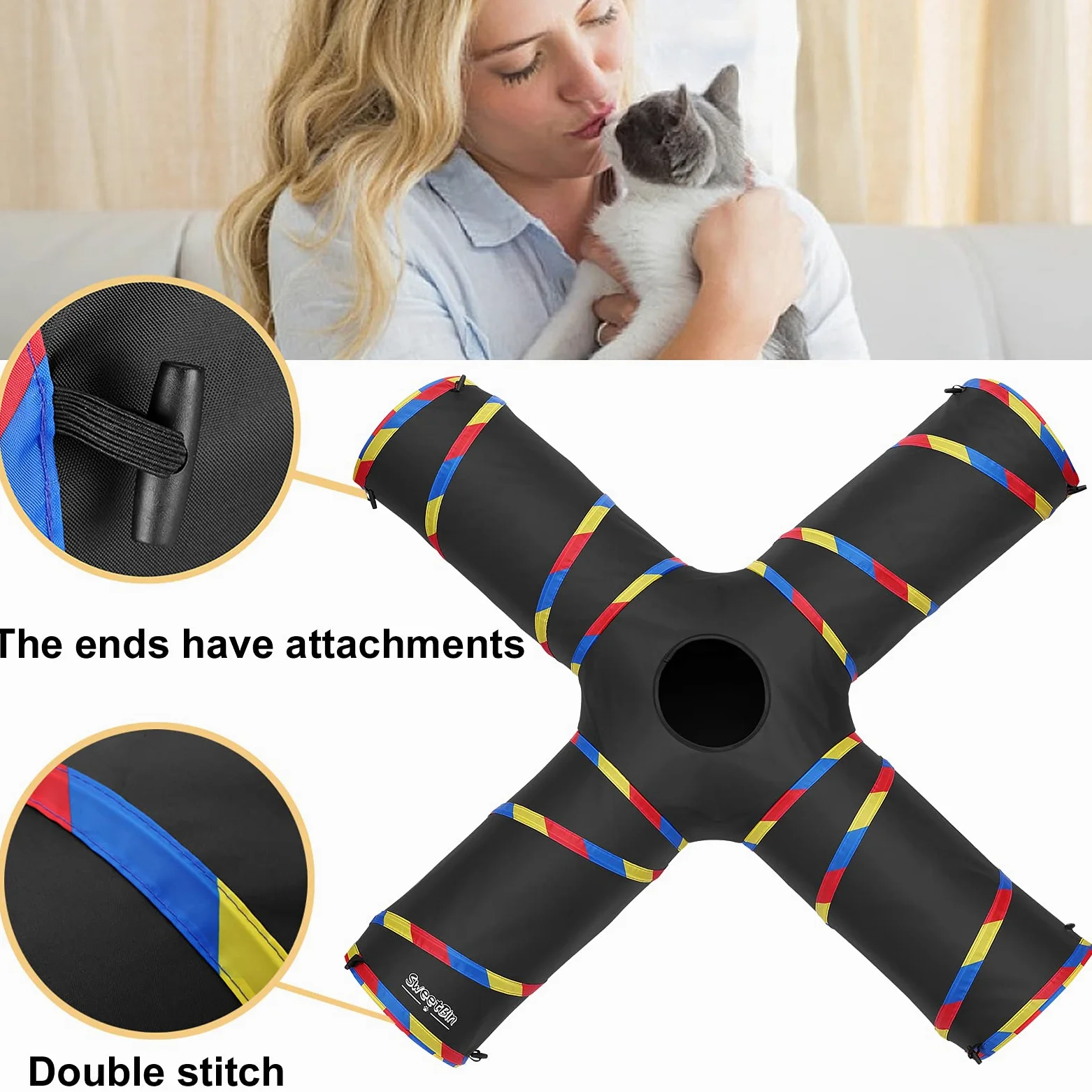 Túneles de Gato de 4 vías para Gatos de Interior, Tubo Plegable de 10 Pulgadas de diámetro y 47 Pulgadas más Largo, Bola de Campana para Jugar a Mascotas, Cachorro, Gatito Conejo