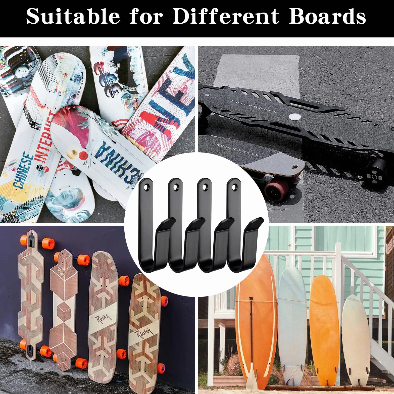Soporte de Pared para monopatín Negro con Tornillos de fijación para Snowboard, Longboard, esquís