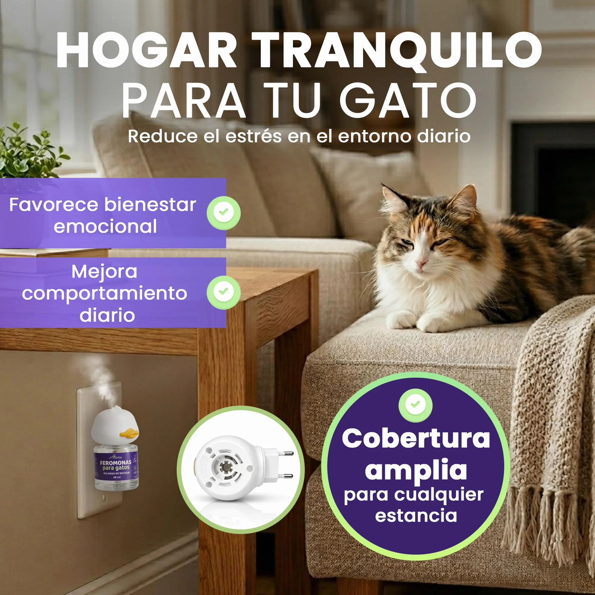 Feromonas para Gatos - Difusor + 2 Recambios (60 días, 48 ​​ml) - Ayuda a Crear Armonía y Reducir Conflictos Entre Gatos como el Estrés, Arañazos, Miedos, Cambios, Marcaje con Orina.