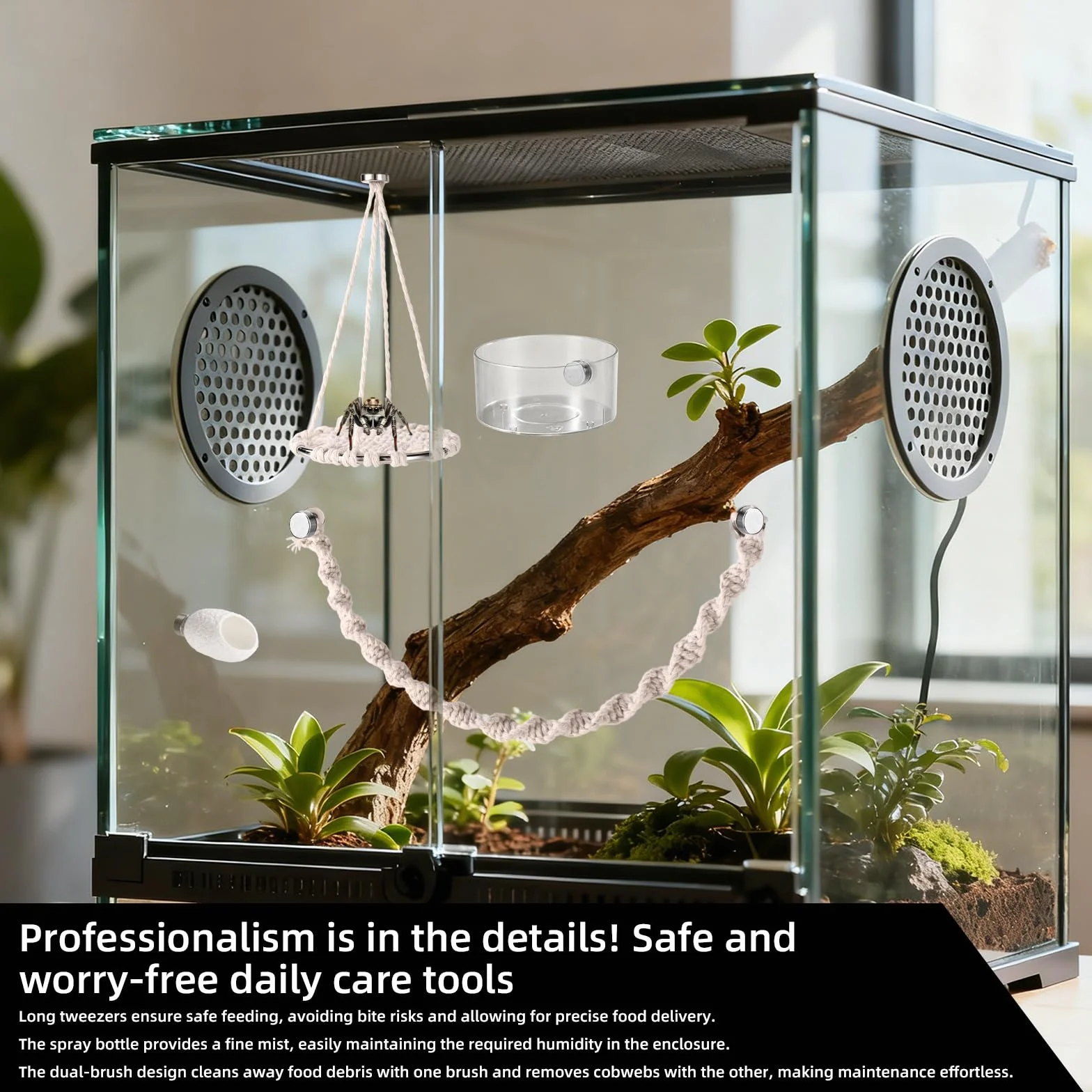 18uds Accesorios Araña Saltarina Terrario Juego, Columpio de Cuerda de Algodón Plataforma con Nido Bebedero Pinzas Pulverizador Cepillo e Imanes para Decorar Tu Terrario