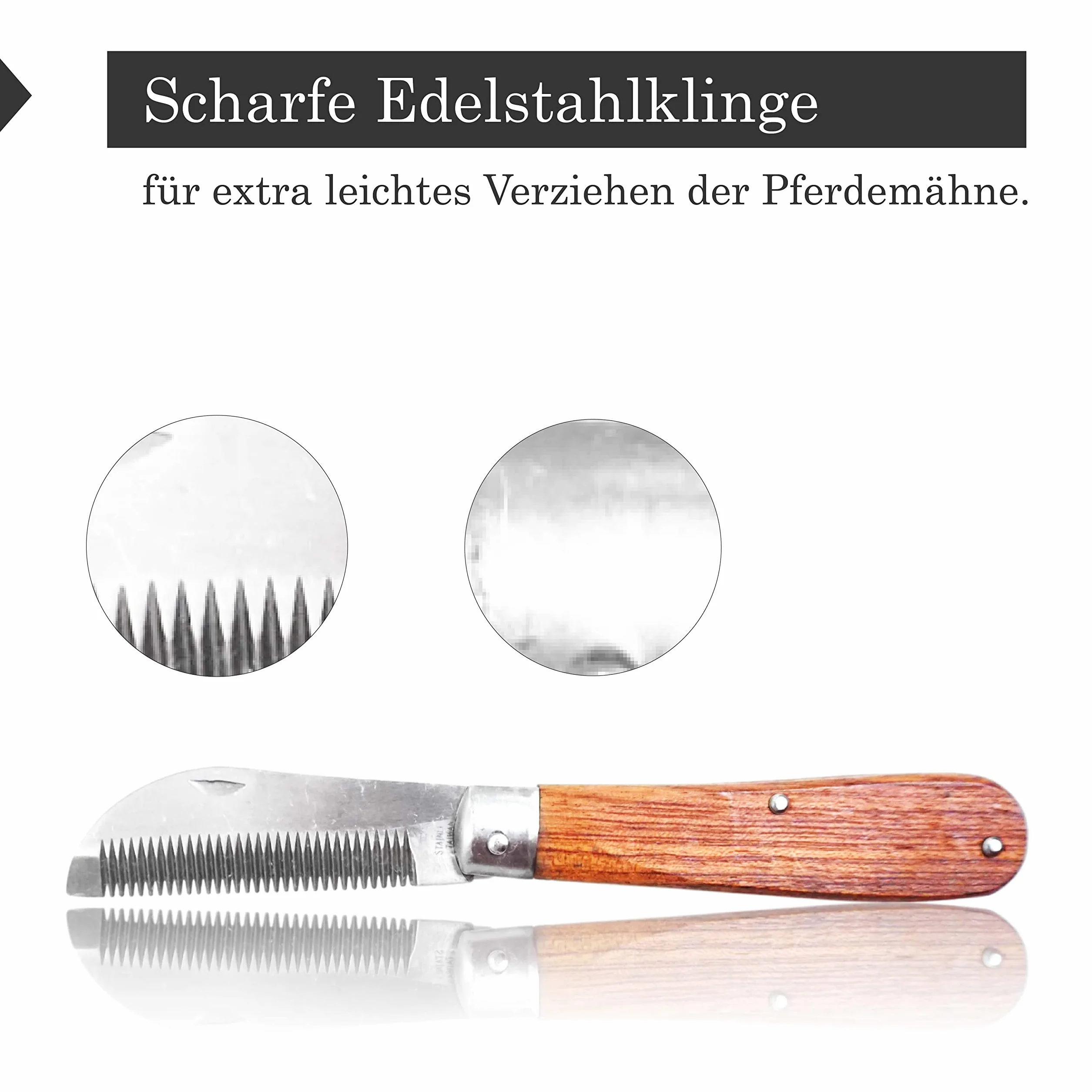 Cuchillo para crines de caballo, longitud de 18 cm, mango de madera resistente, plegable, acero inoxidable, mango de madera