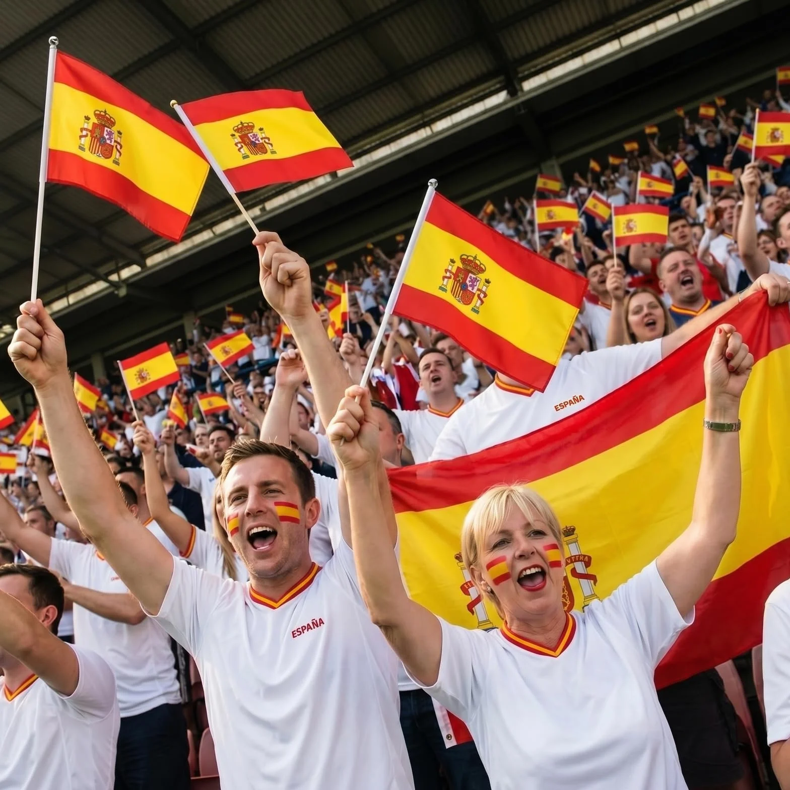 Banderas de Mano España 14x21 cm 10 Unidades Poliéster con Palo para Fútbol y Eventos