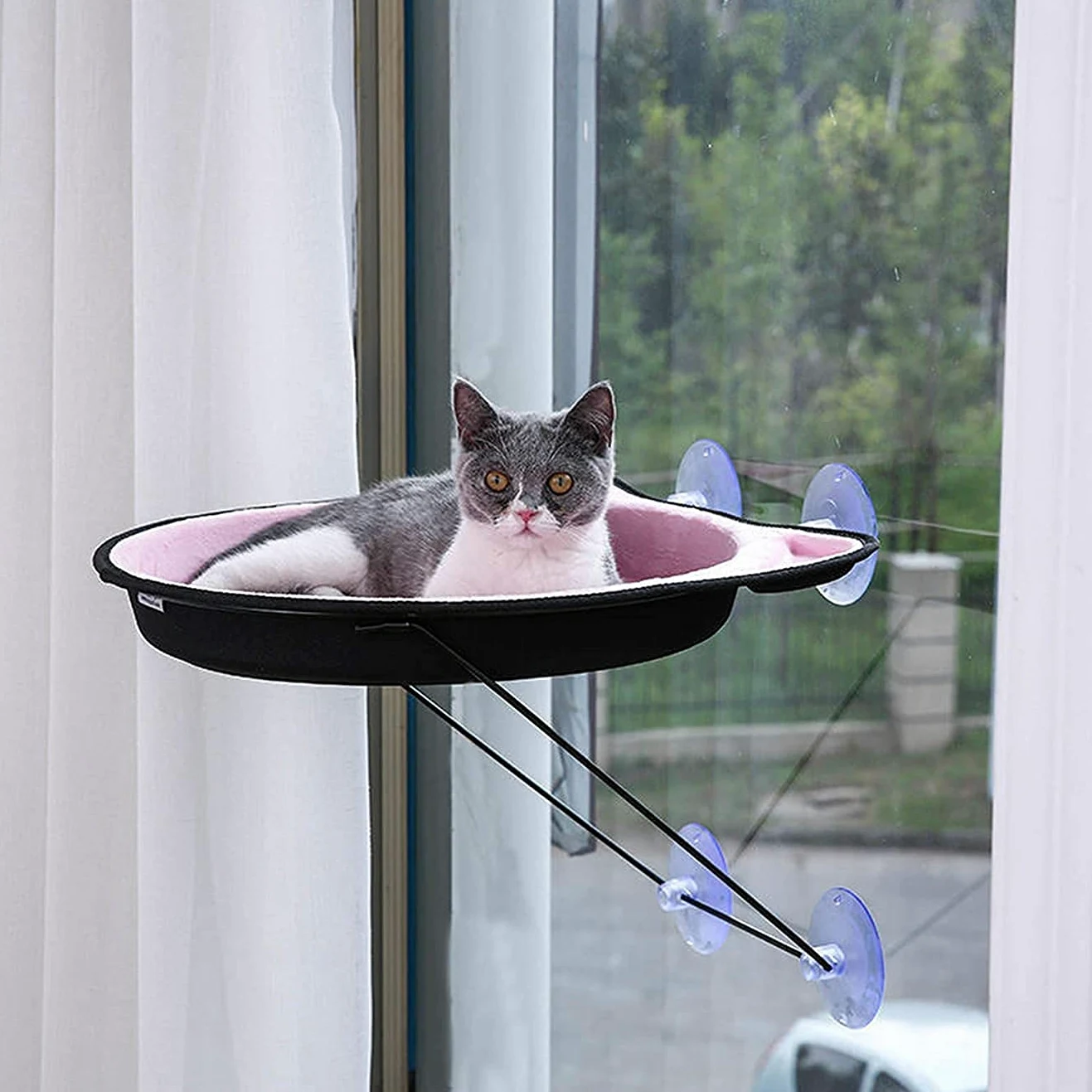 Hamaca para Gato Hamaca Ventana de Gato Cama montada en la Ventana para Gatos Asiento de Sol para Ventana Hamaca para Percha Cojín Cama Estante Colgante Asiento Hamaca para Tomar el Sol Taza de Succi