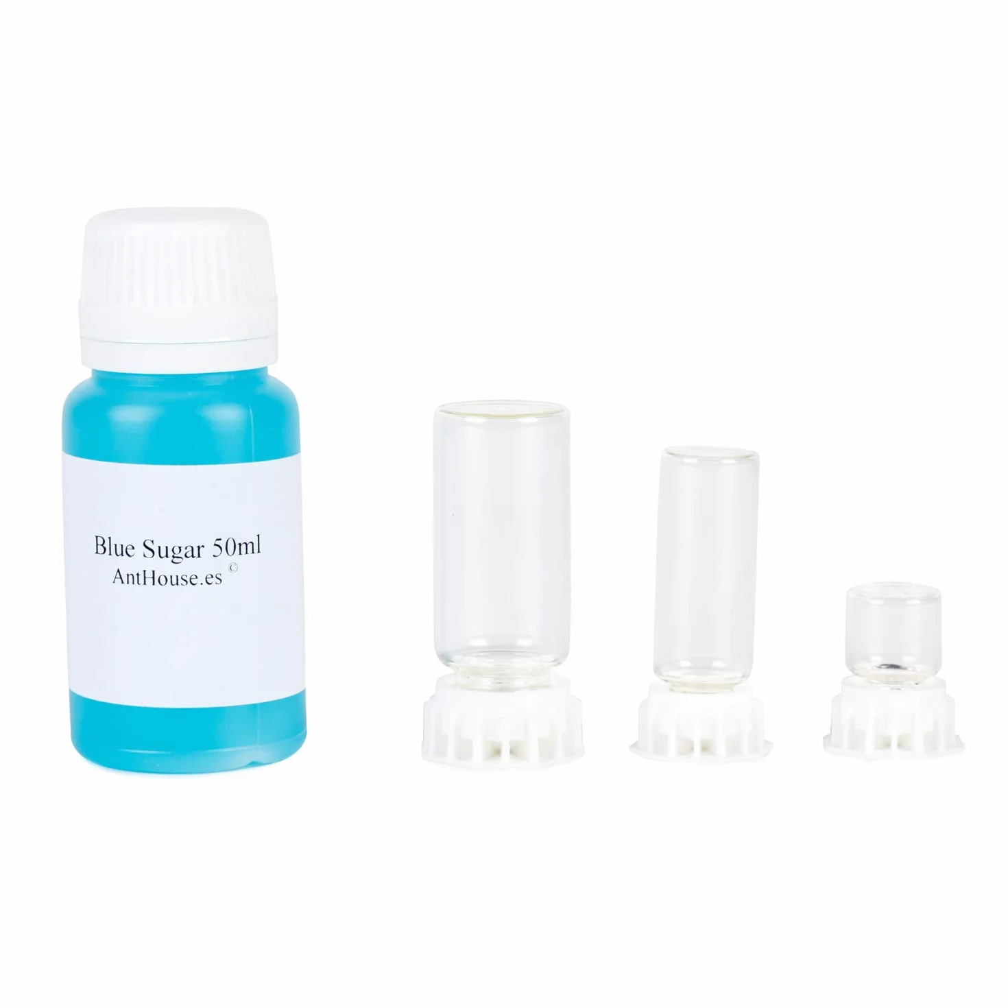 Anthouse.es - Pack Bebedero Hormigas + Súper Alimento Blue Sugar - 3 Bebederos para Terrarios (1 ml, 5 ml y 10 ml) + Néctar con Proteína - Compatible con Todo Tipo de Terrarios y Hormigueros