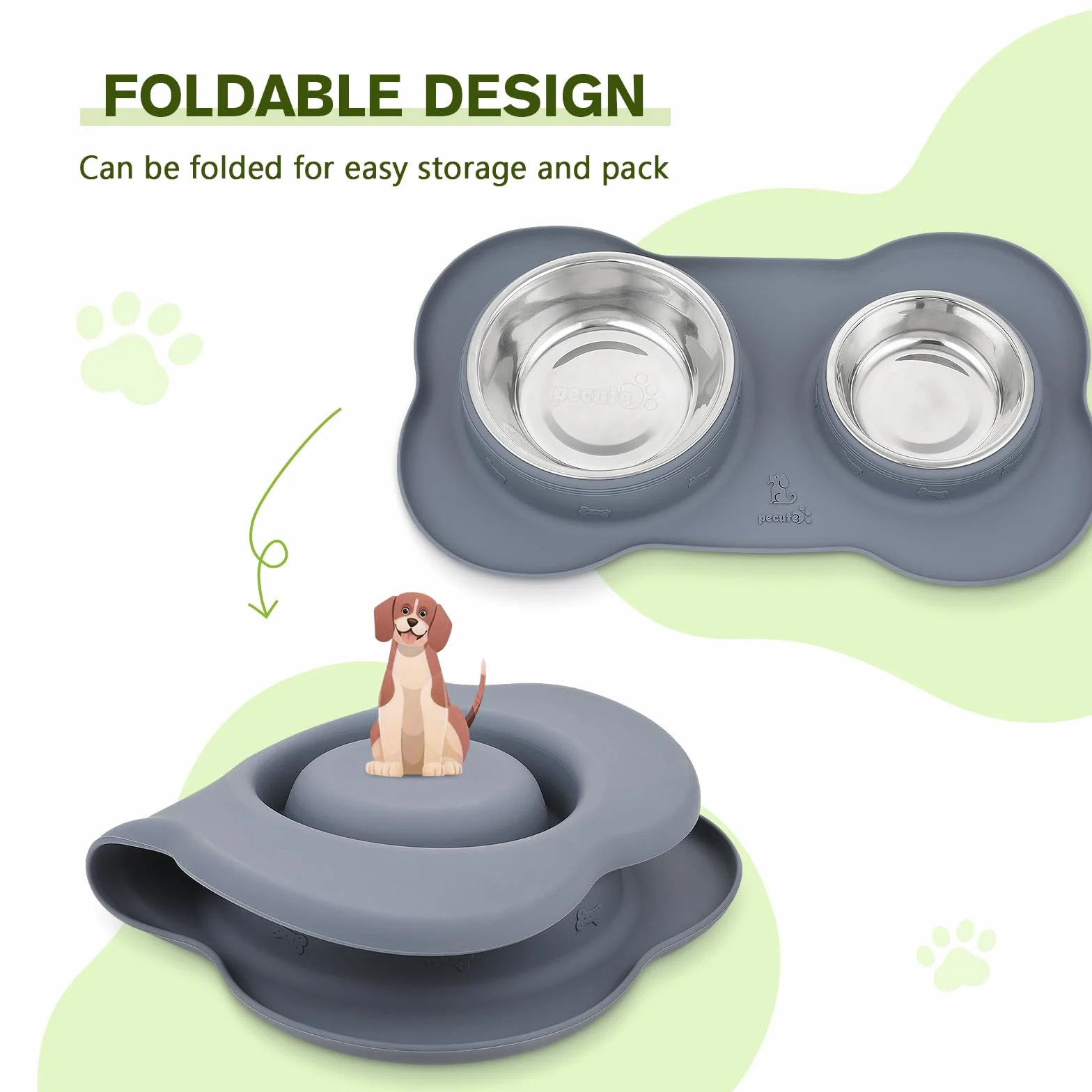 Pecute Comedero Perro y Gato, 3-in-1 Bebedero para Gatos Perros, Mascotas Pequeño de Acero Inoxidable Extraíble de Acero, Base de Silicona Antideslizante (400ml/13.5oz + 200ml/6.8oz)