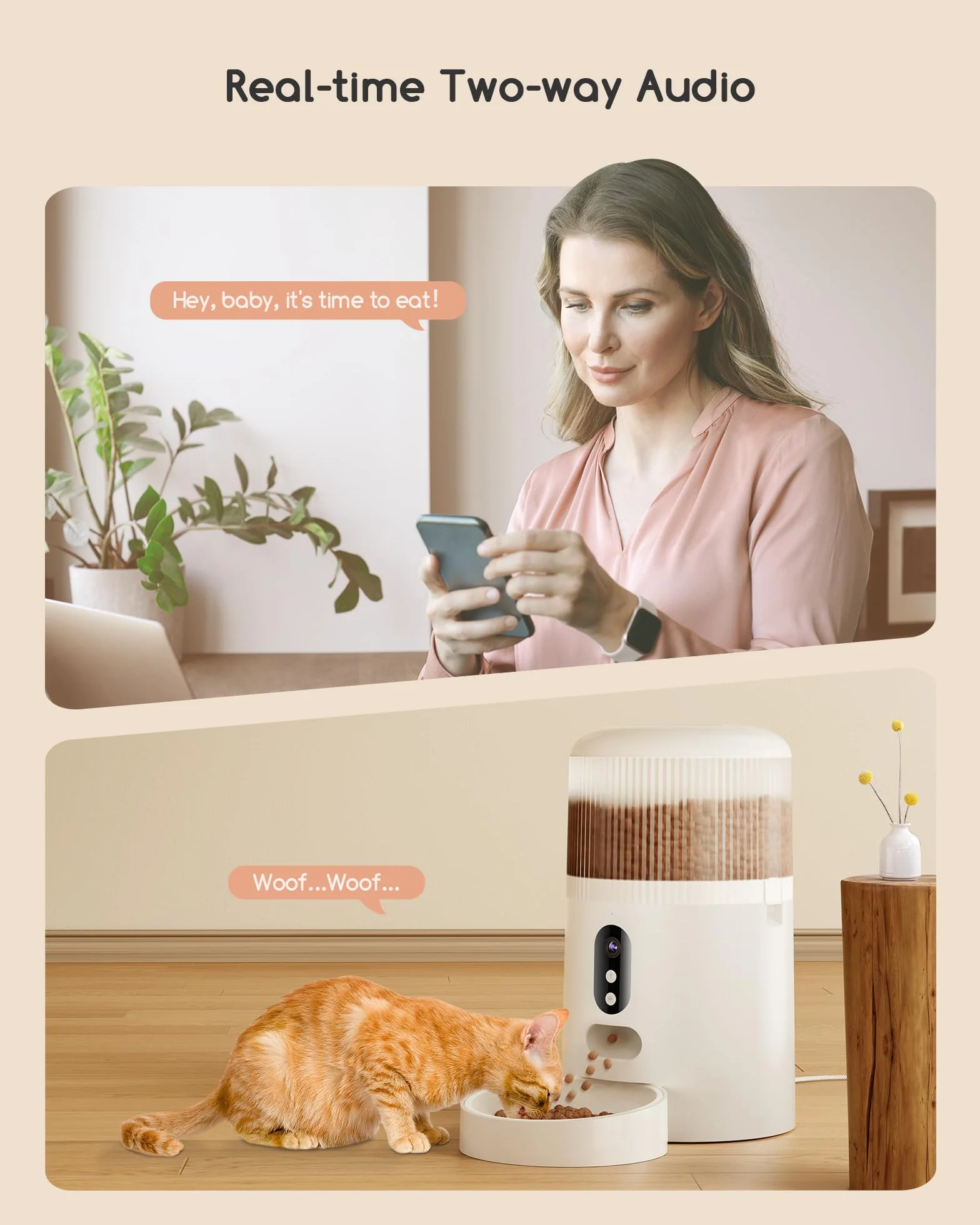 Faroro Comedero Gato Automatico WiFi, 3MP HD Cámara con Visión Nocturna, 4L Alimentador para Perros/Gatos con Audio Bidireccional, App Control, Detección de Movimiento y Fuente de Alimentación Dual