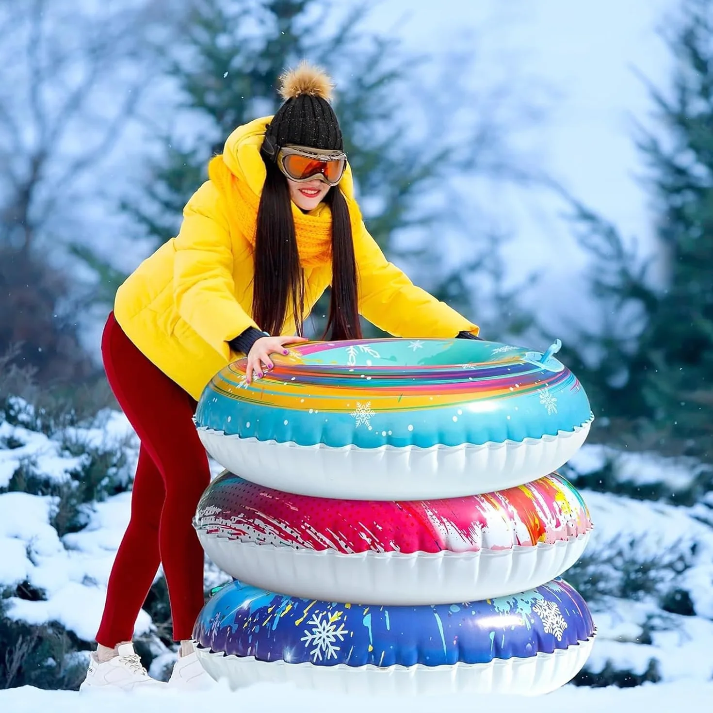 Tubo de Nieve Inflable Resistente 90 cm PVC Reforzado Prueba de Heladas Asas Integradas Trineo Invierno Aire Libre