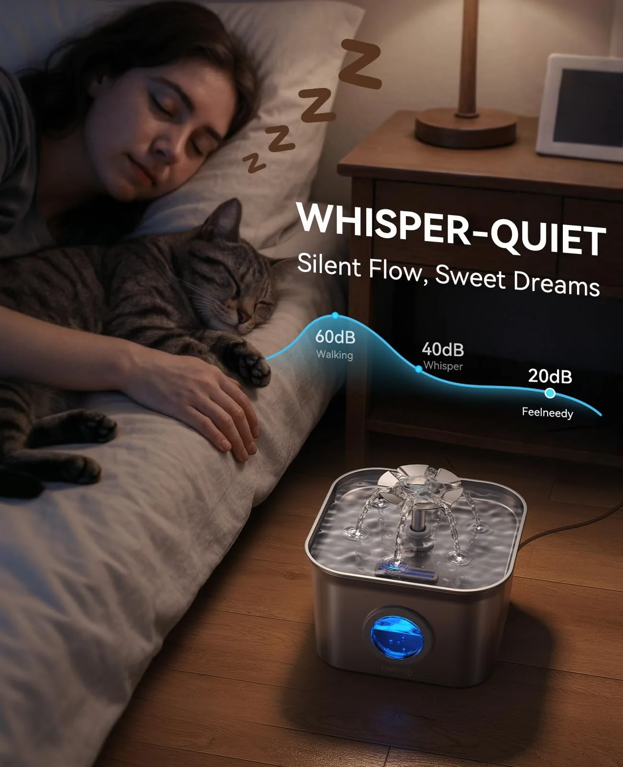 2.8L Fuente para Gatos Acero Inoxidable con 3 Filtros, FEELNEEDY Bebedero Gatos Ultra Silencioso, Filtración de Cuatro Capas, Fácil de Limpiar, Apta para Lavavajillas