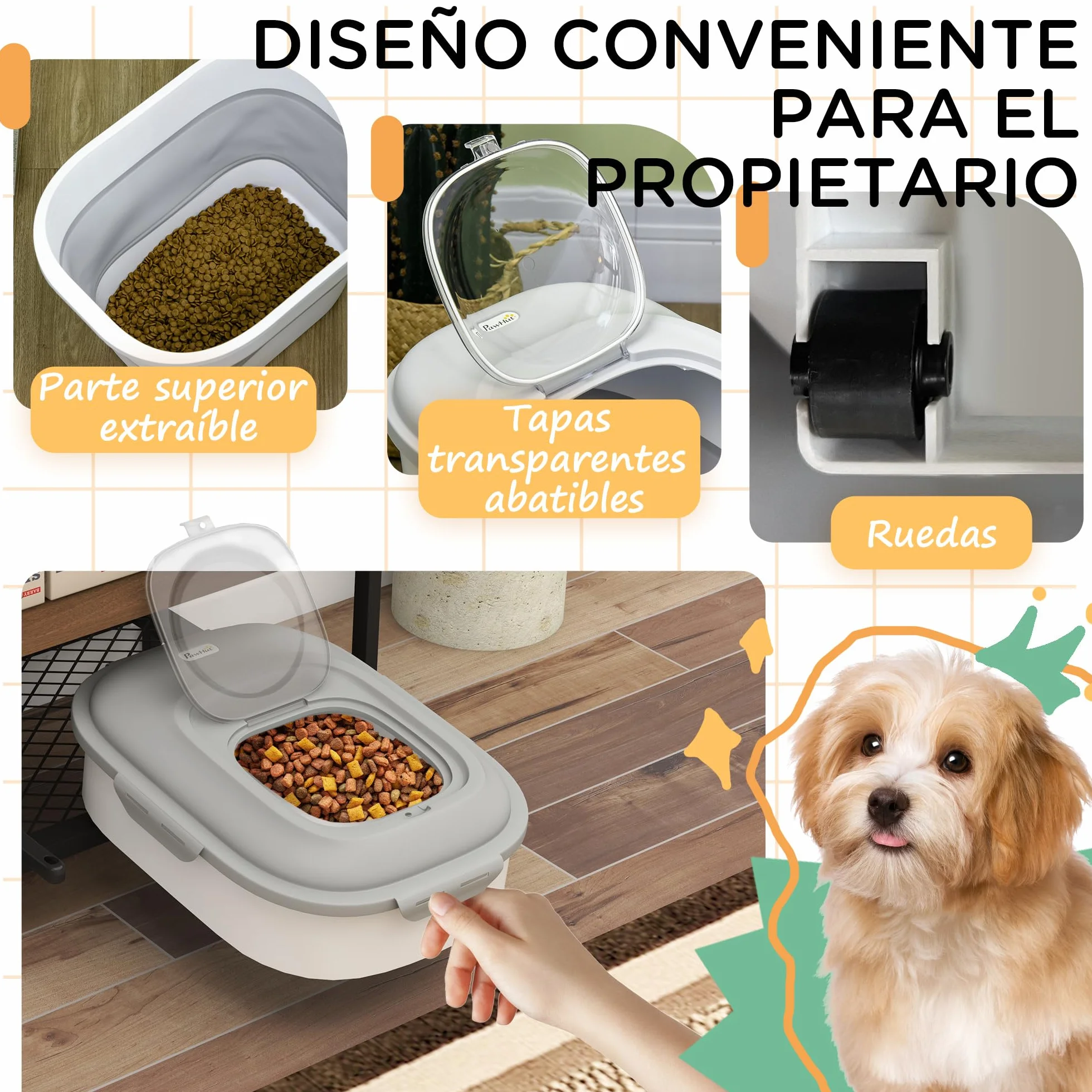PawHut Contenedor de Comida para Perros Plegable 25L Contenedor de Pienso con Ruedas Taza Medidora Cuenco Plegable y Cuchara Contenedor de Comida para Mascotas Gatos Gris