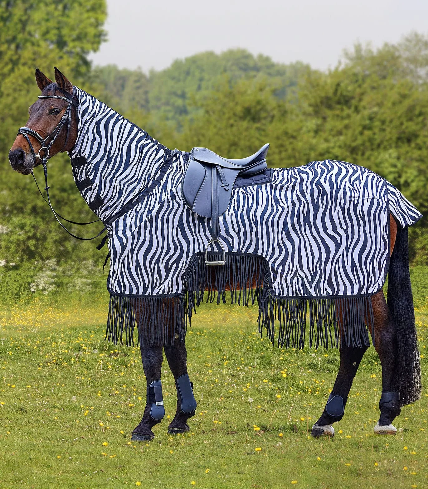 Fliegenausreitdecke Zebra mit Fransen, Schwarz/weiß, 125 cm