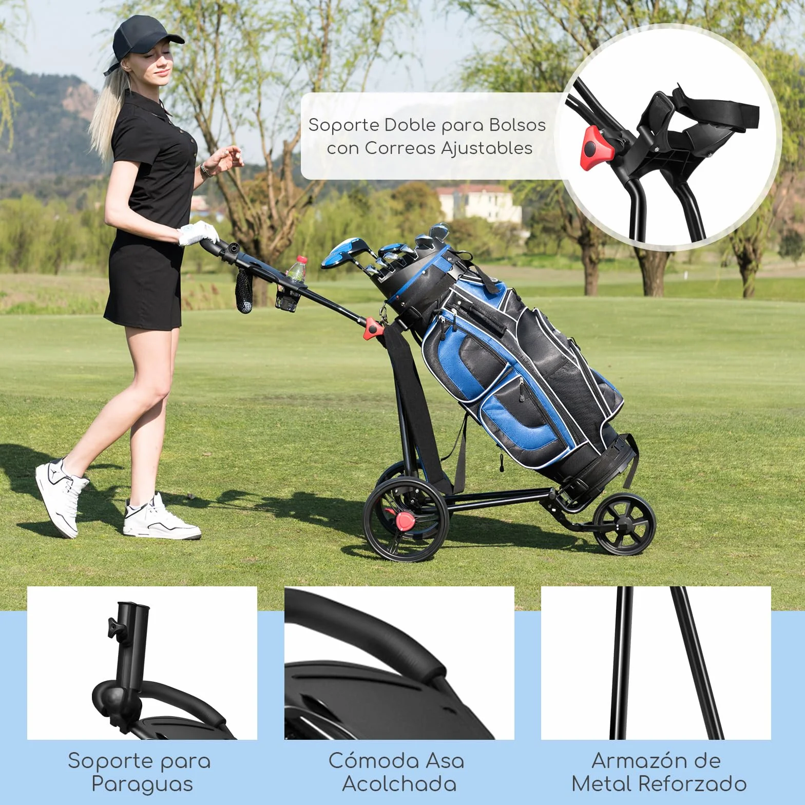 COSTWAY Carrito de Golf Plegable 3 Ruedas con Paragüero Portavasos