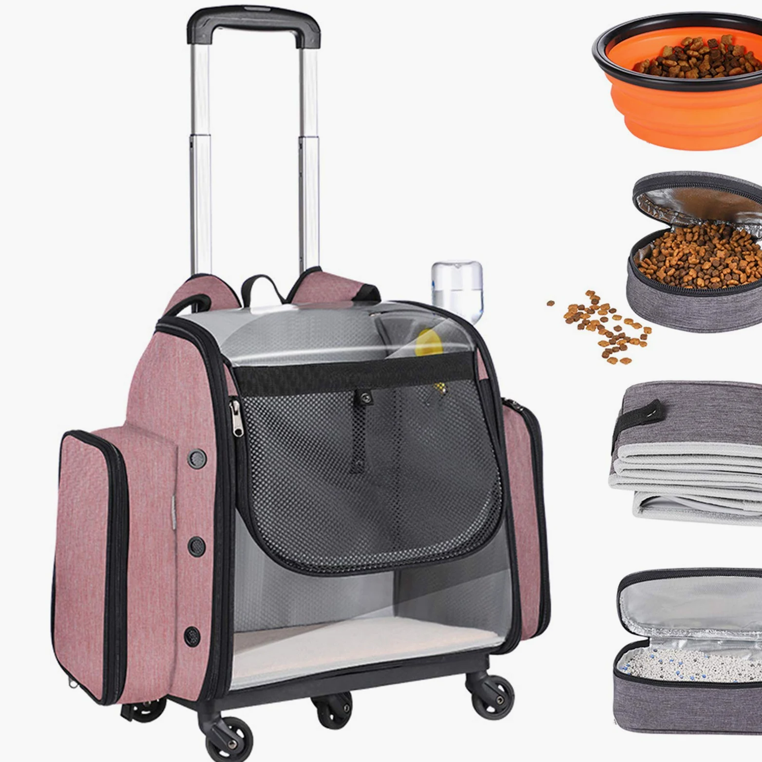Transportador de viaje para mascotas con ruedas, transportador rodante para perros y gatos, incluye caja de comida, caja de arena, botella de agua y cuencos de viaje plegables