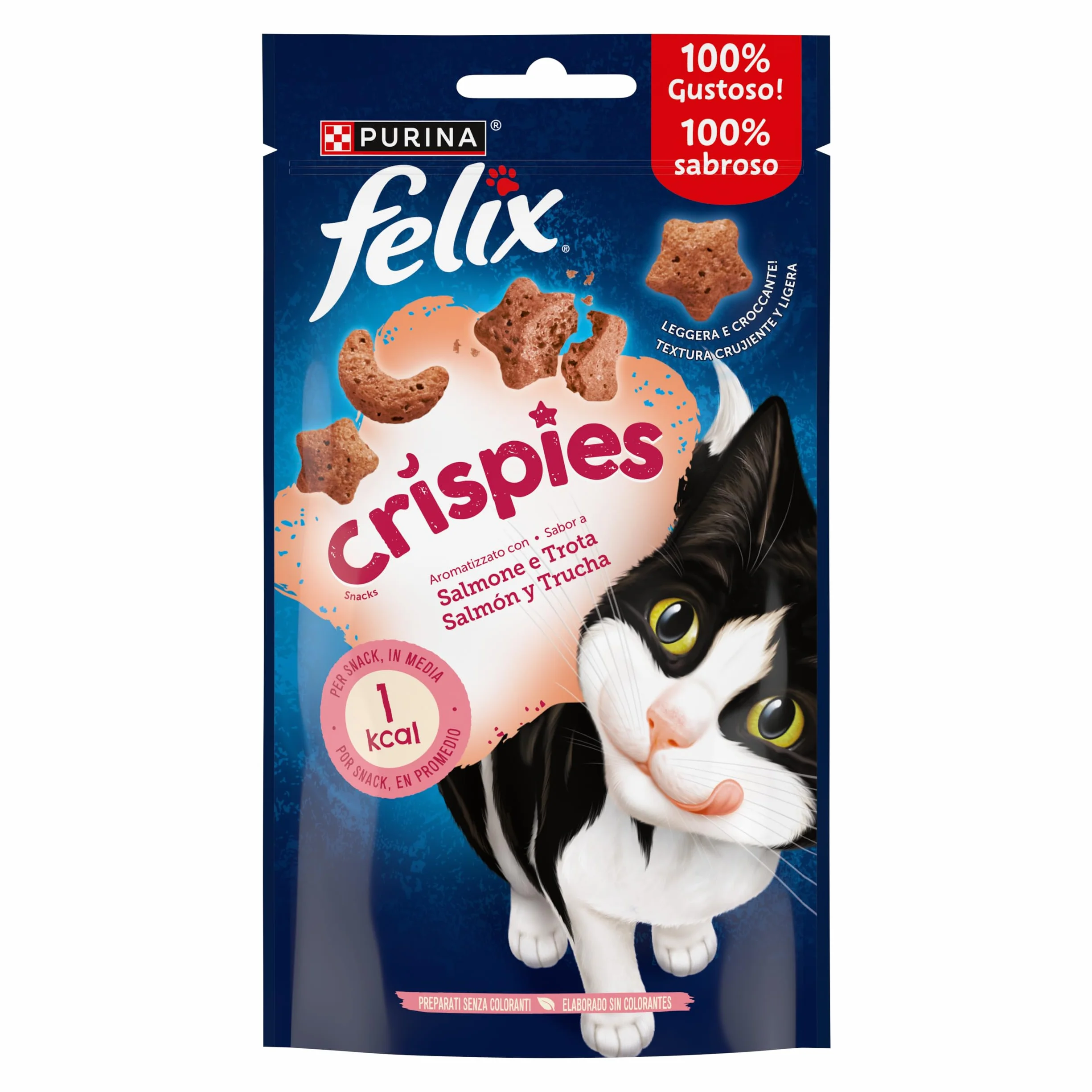 Felix Purina Crispies, Snack para Gato Adulto, Premio para Gato con Salmón y Trucha, Pack de 8 Bolsas de 45g