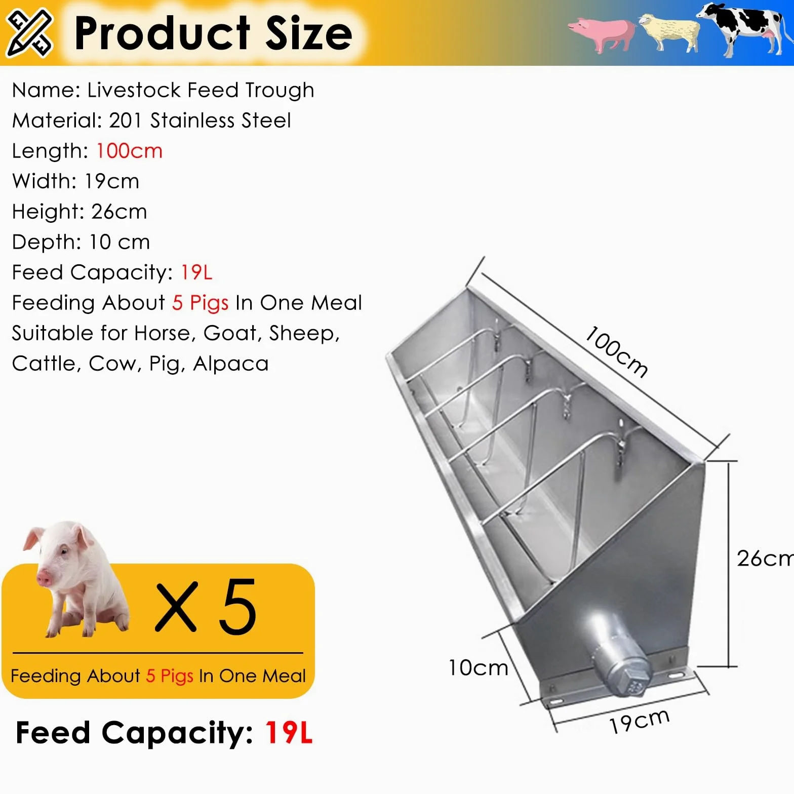 Comedero Grande de Metal para gachas con Drenaje, comedero Colgante para Ganado (Cerdos y Caballos), Longitud de 100-200 cm, Ideal para Granjas, establos y Corrales (Capacidad para 5 Cerdos