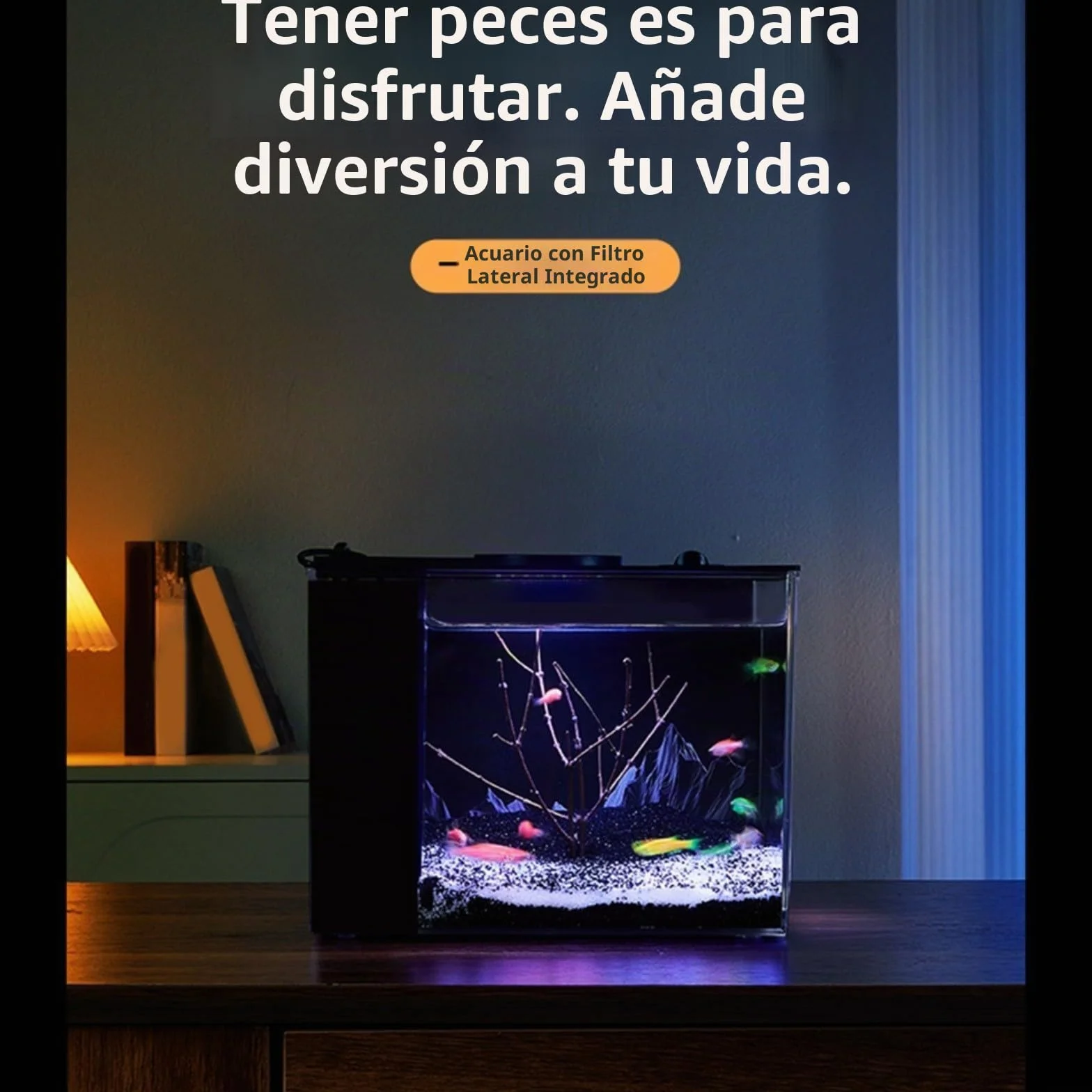 Acuario de mesa para el hogar con filtro lateral, filtración que mejora el oxígeno, bomba de flujo de 160 l/h, brillo ajustable de 10 niveles e iluminación LED (S)
