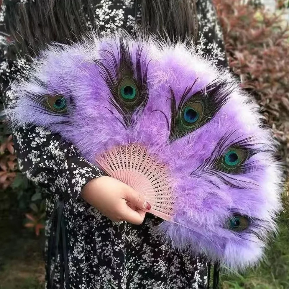 Abanico de plumas de pavo real plegable hecho a mano, decoración de boda, fiesta, baile, cosplay, ventilador portátil (azul)