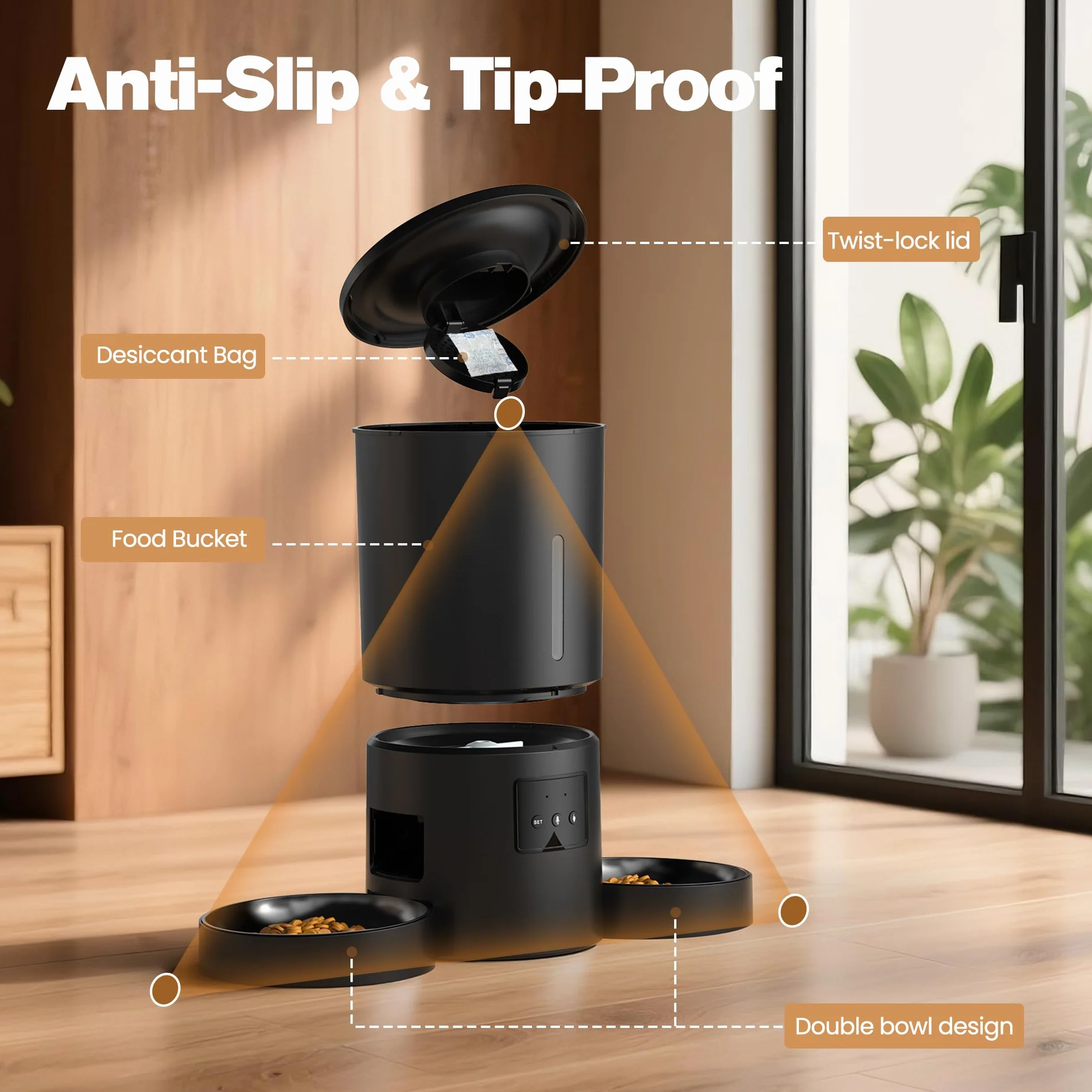 Comedero Gato Automático Doble & App: Dispensador Automático de 5L con WiFi 2.4G y Temporizador para Comida Seca - Diseño de Comedero Doble AONBOY para Múltiples Gatos y Perros - Negro