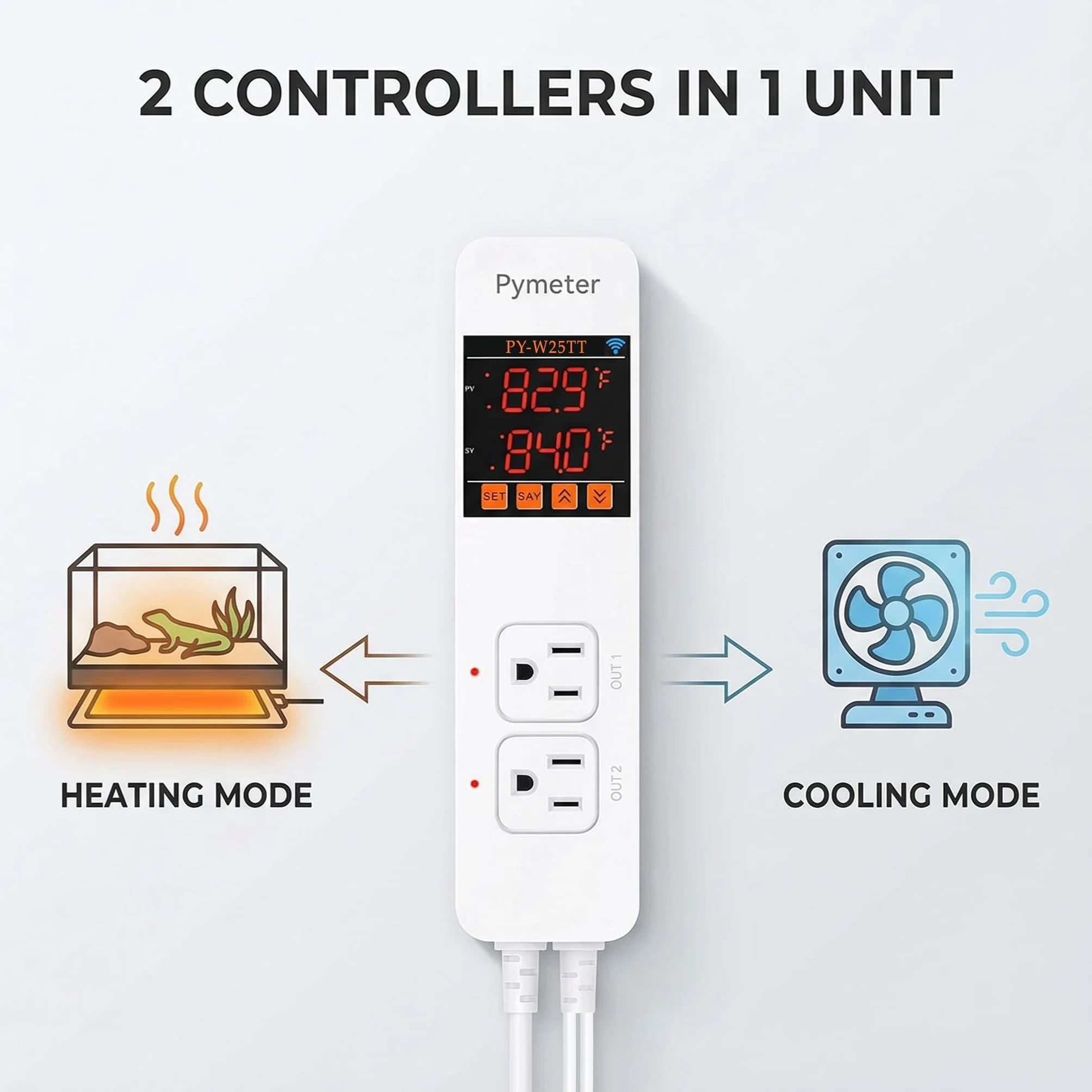 Controlador de temperatura con doble sonda WiFi, termostato, dos tomas de corriente para reptiles, almohadilla de calor, ventilador de refrigeración de invernadero, control inalámbrico