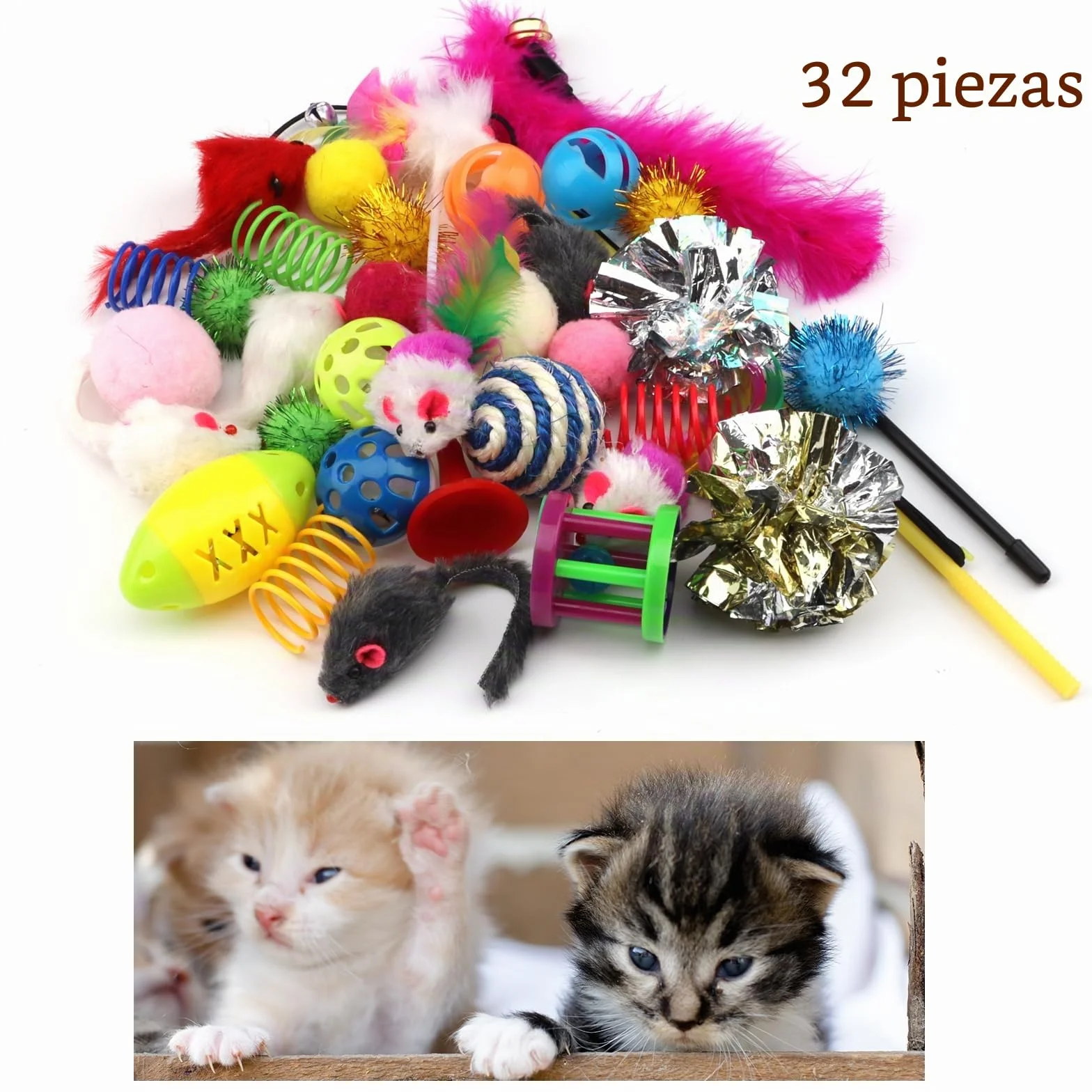 QUOZUO Paquete variado de 32 juguetes para gatos: bolas de gato, plumas, ratones, bolas arrugadas, juguetes de hierba gatera para gatitos de interior