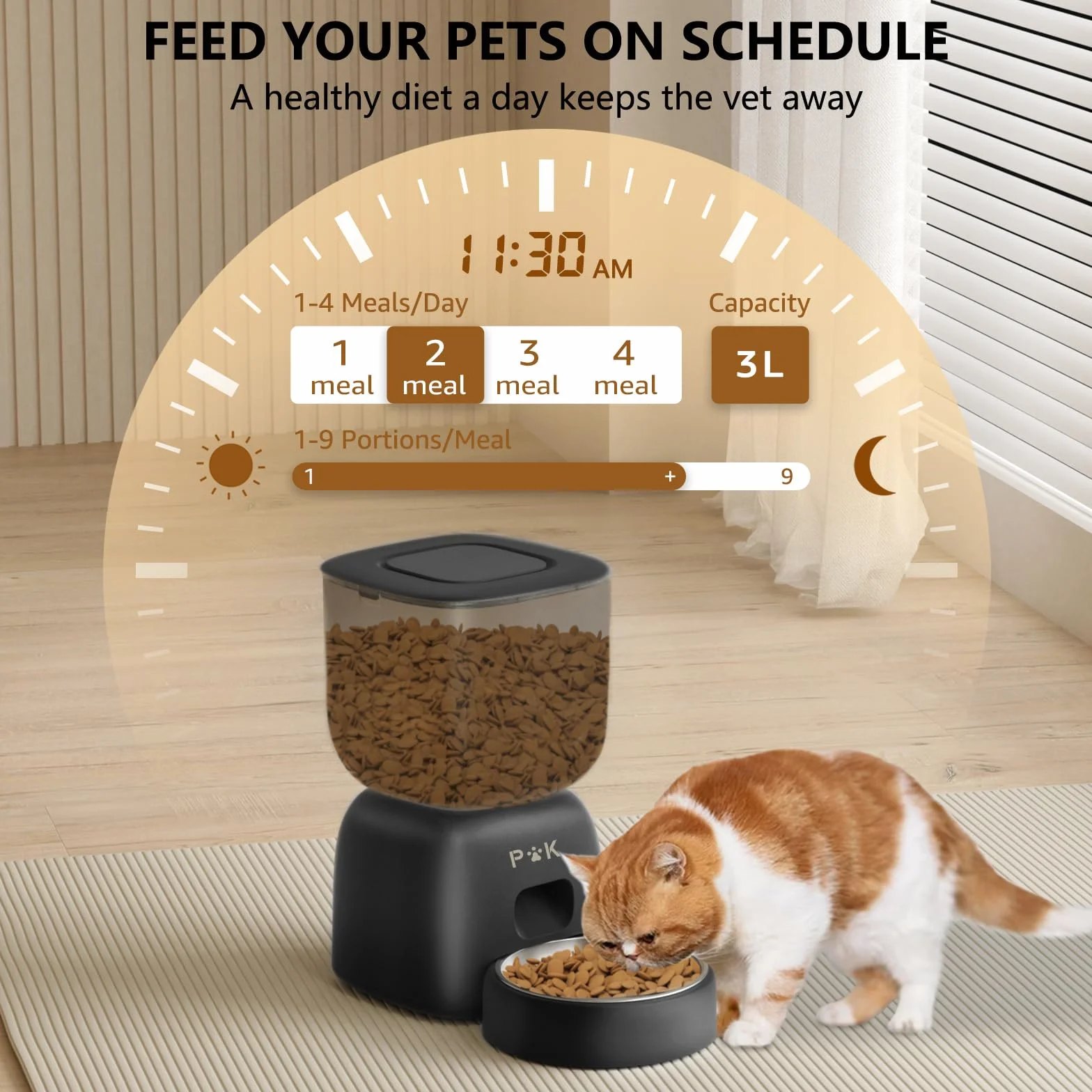 Comedero Gato Automatico, 3L Dispensador Comida Gatos con 180 Días de Batería, Grabación 10S, 1-4 Comidas al Día, Fuente para Gatos de 2L Gratuita