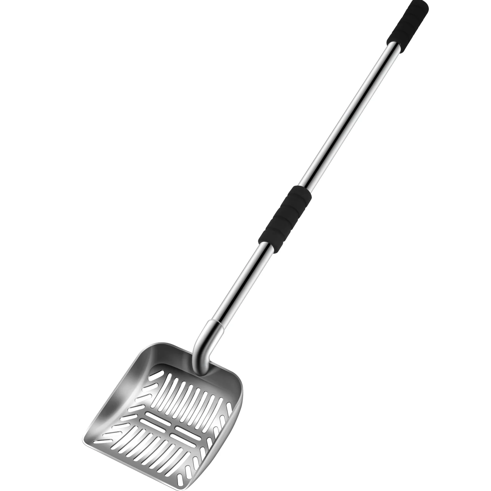 Pala de arena de metal para gatos, pala profunda de acero inoxidable, tamiz antiadherente, agarre acolchado de espuma para uso intensivo