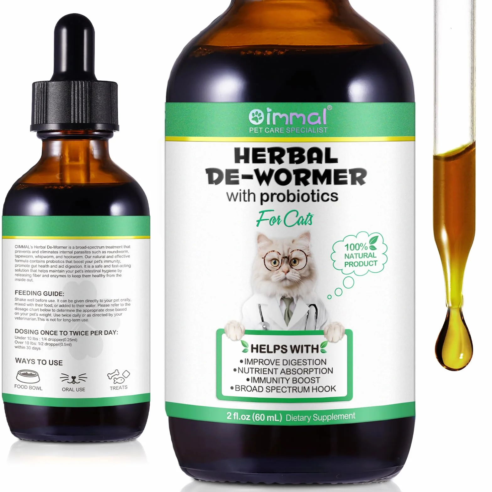 Vermífugo líquido para Gatos, Gotas vermífugas Naturales a Base de Plantas para Gatos, 100% Natural, favorece la Salud y la higiene intestinal, Mejora la digestión, refuerza la inmunidad 60 ml