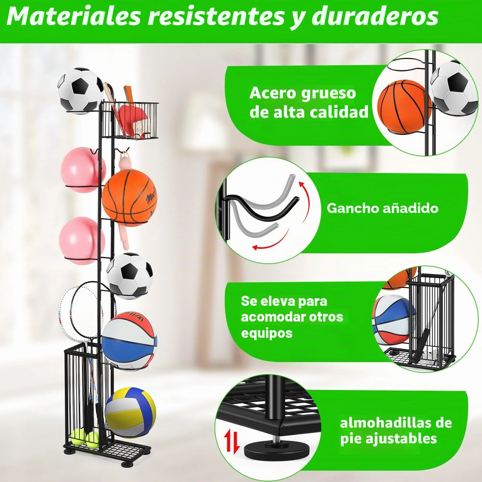 Soporte para bolas 7 niveles, estantería de almacenamiento vertical para baloncesto, fútbol, rugby, voleibol, fútbol (Negro)
