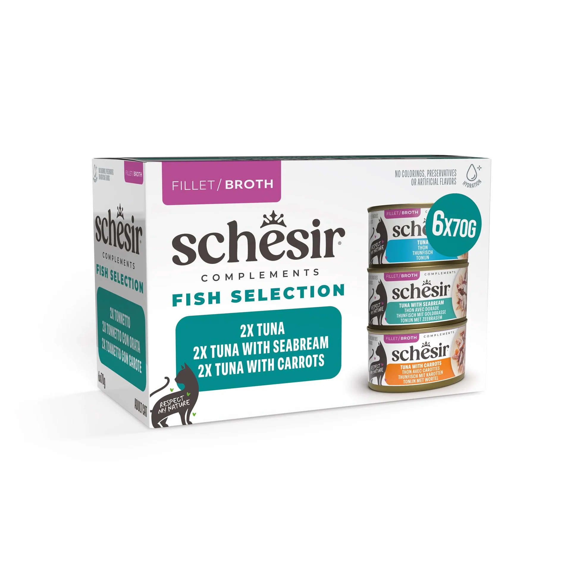 Schesir, Variety Pack, Alimento Húmedo para Gatos, en Caldo, con Vitaminas Añadidas, 100% Filetes Naturales, 6 latas de 70 g