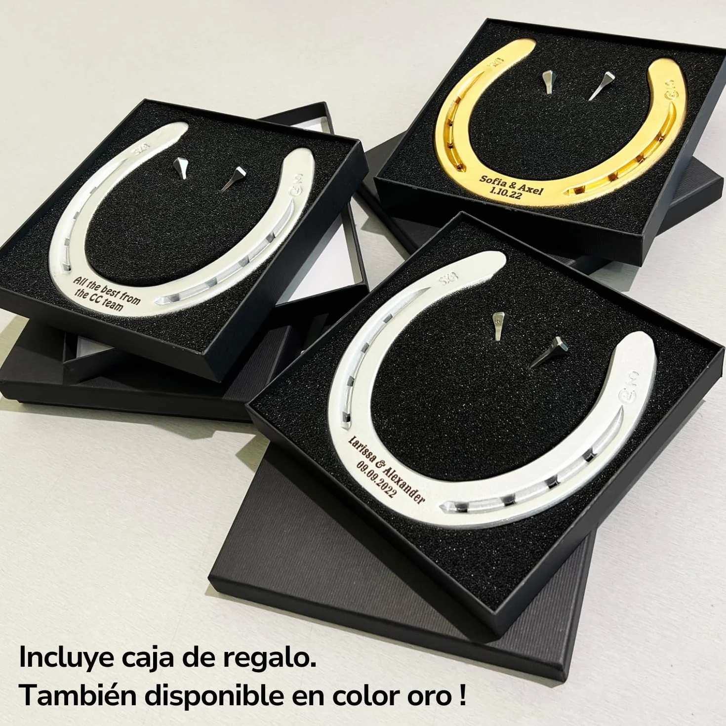 Dttra Herradura con grabado personalizado de hierro pesado, herradura original de caballo, lacada en plata, herradura de la suerte personalizada para boda o regalo de inauguración