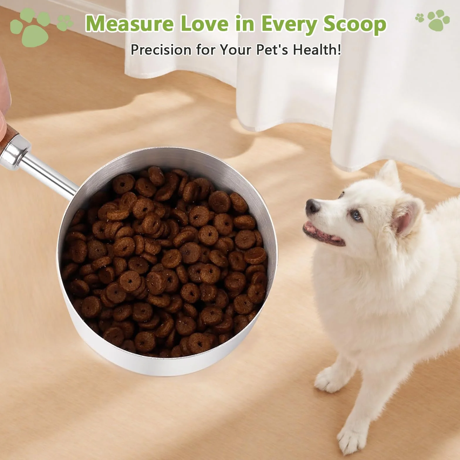 Cuchara de comida para perros y gatos, 1 taza, taza medidora de acero inoxidable 304 con mango largo de madera, cuchara duradera para perros, gatos, conejos, fácil de limpiar con marcas de