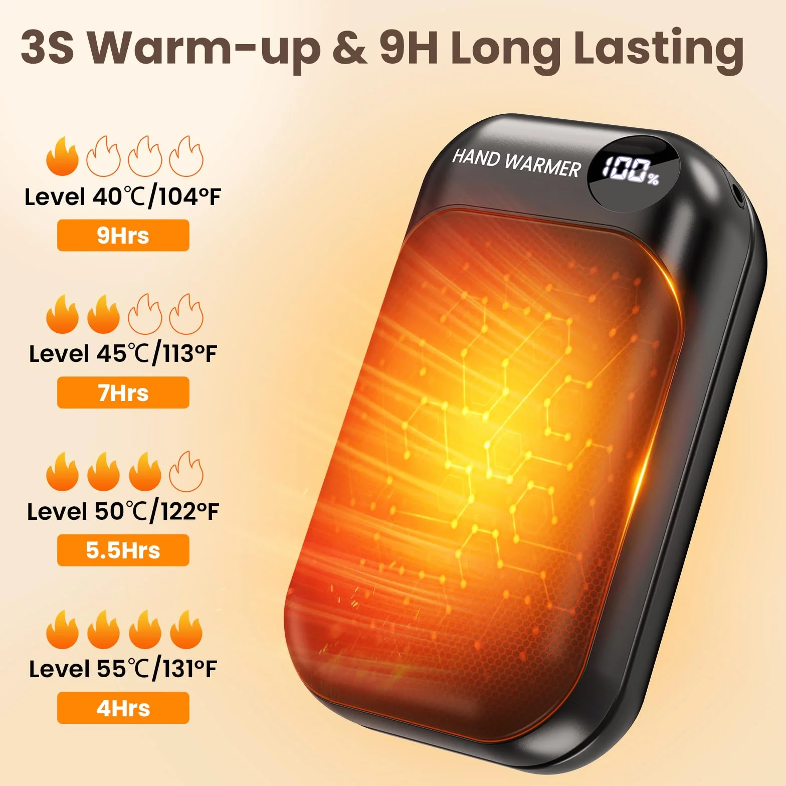 Calentador de Manos Recargable 2 en 1, Eléctrico, 9 Horas, 4 Modos 40-55°C