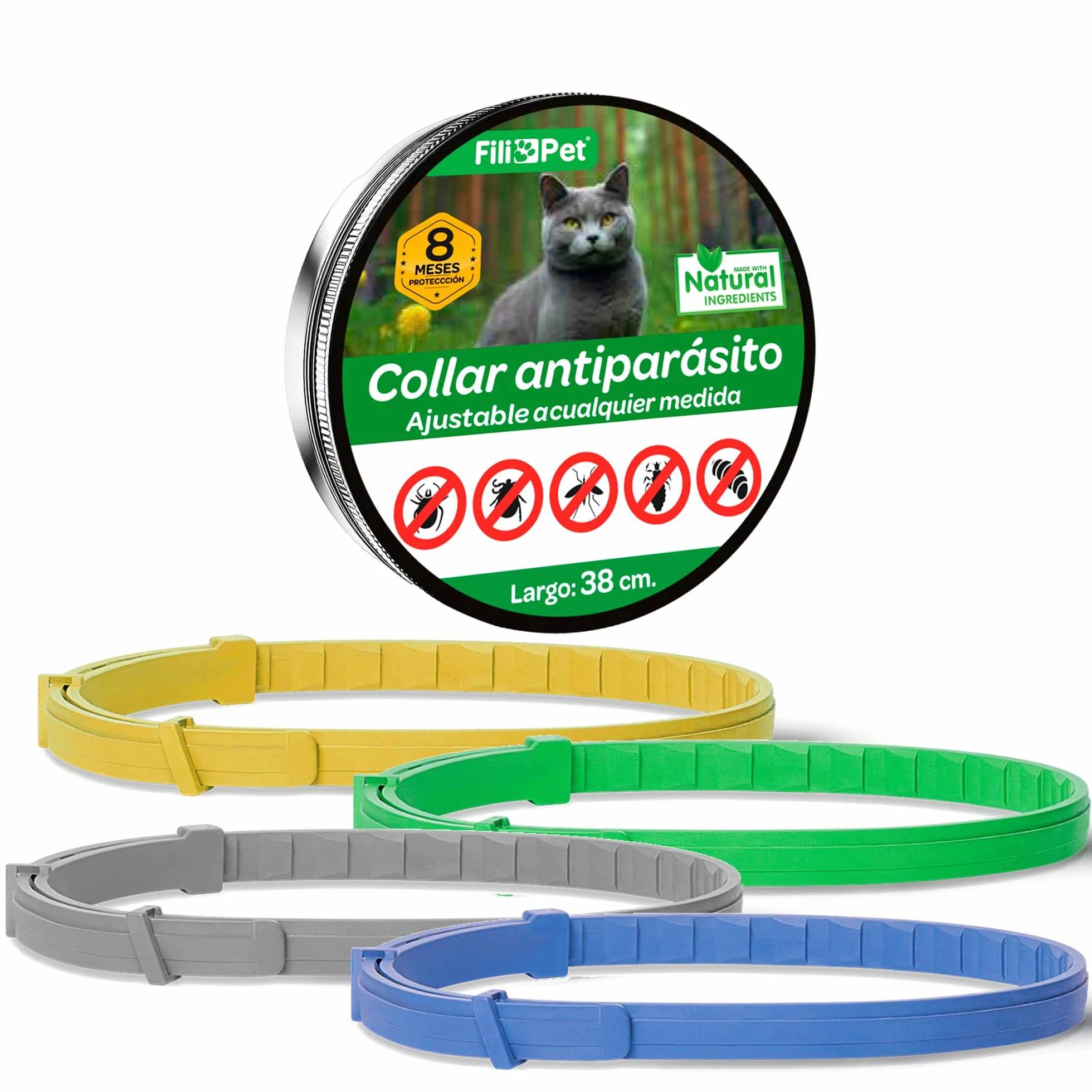 Collar Antiparasitario para Gato en, 8 Meses de Protección, Eficaz contra Pulgas, Garrapatas, Mosquitos y Piojos, Resistente al Agua, 38 cm de Largo, Ajustable (Amarillo)