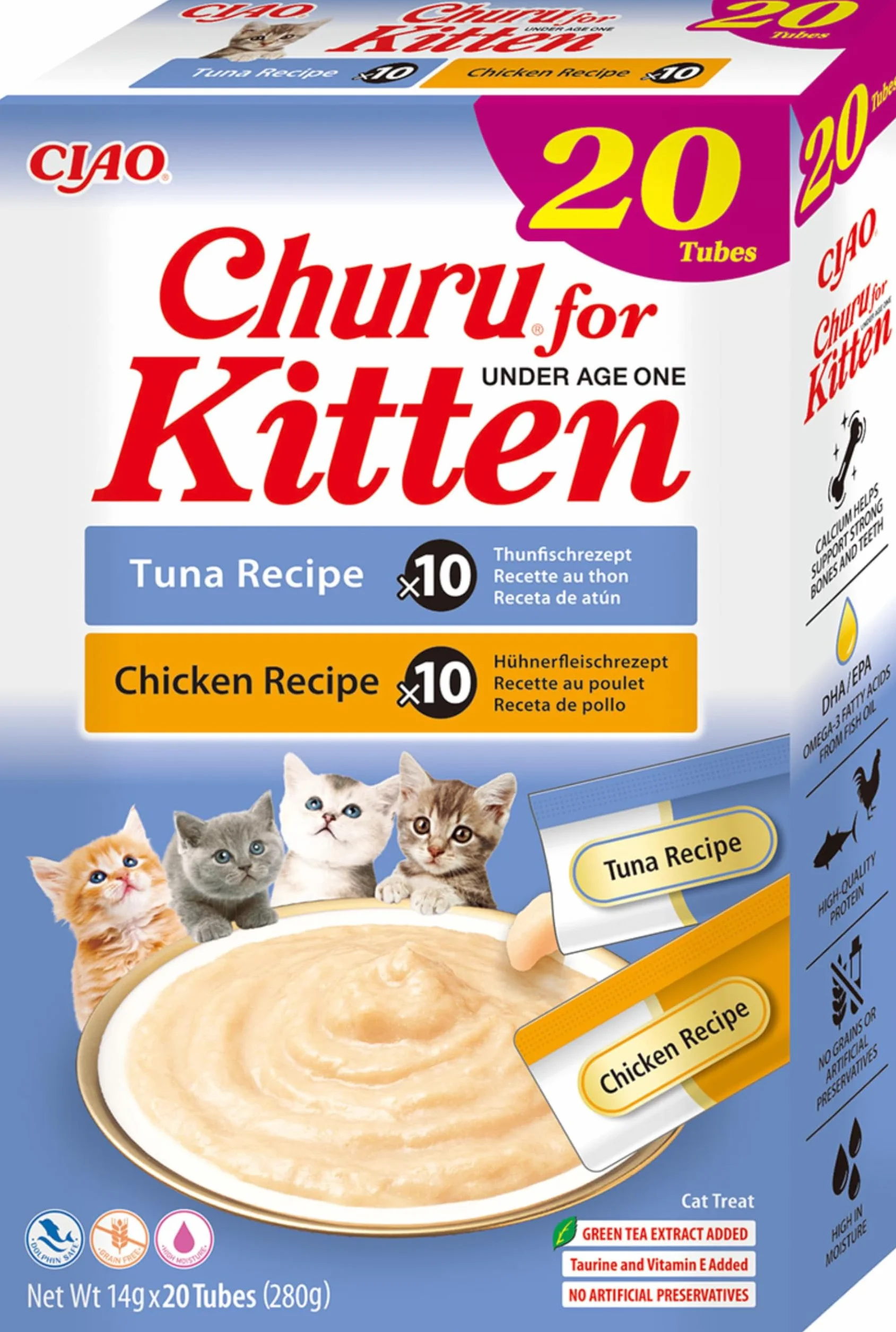 INABA Churu Kitten Gatos - Recetas Saludables de Atún y Pollo - Snack para Cachorros Menores de 12 Meses - Alimento con Omega 3 y 6 - Sin Conservantes ni Colorantes - 280g (20 Tubos x 14g)