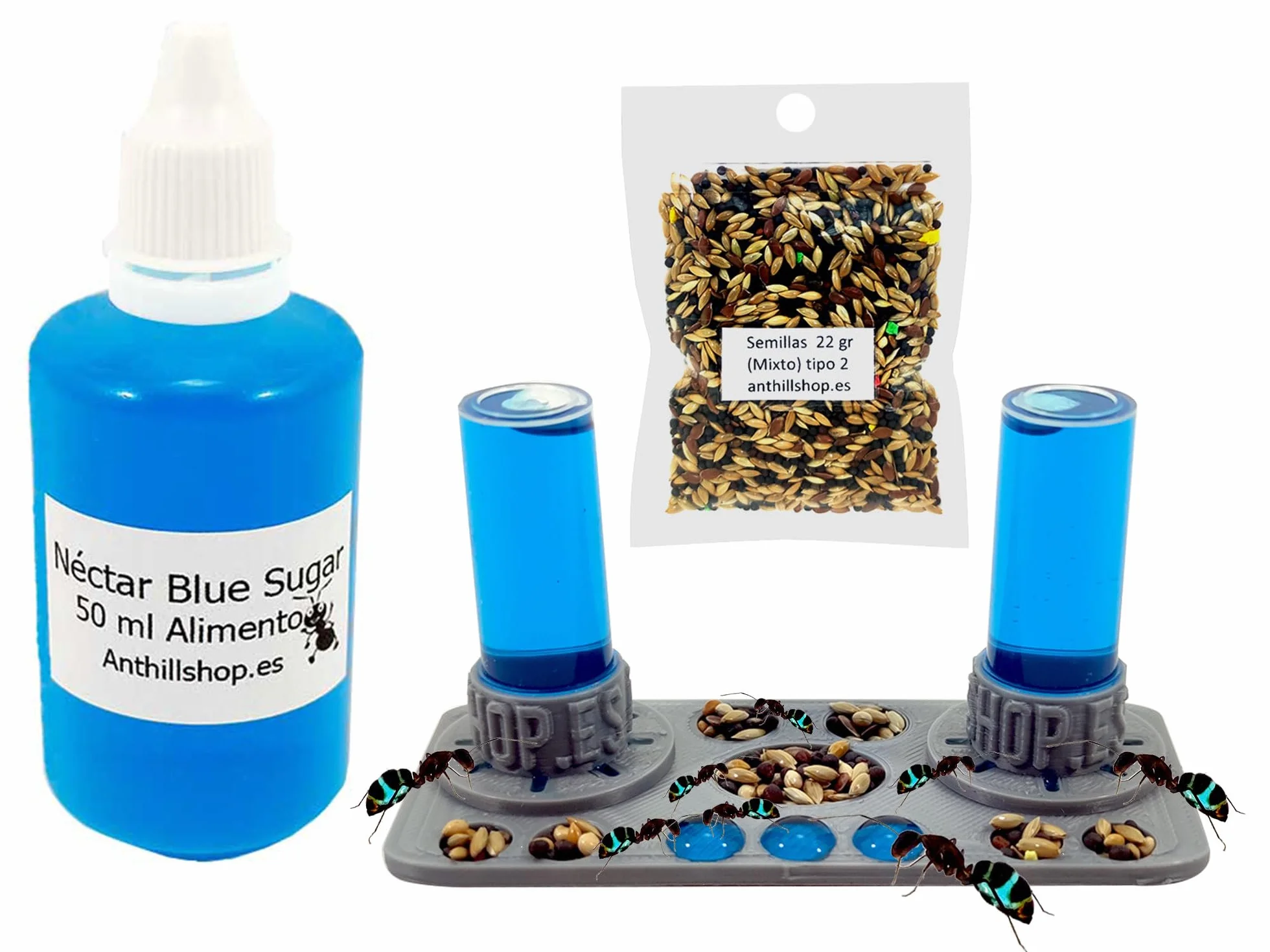 Alimento para Hormigas┃Excelente Kit de alimentación para Tus Hormigas y Hormigueros┃Incluye un Néctar Blue Sugar 50ml, Bolsa de Mezclas de Semillas de 22gr más un Fantastico Megabebederos