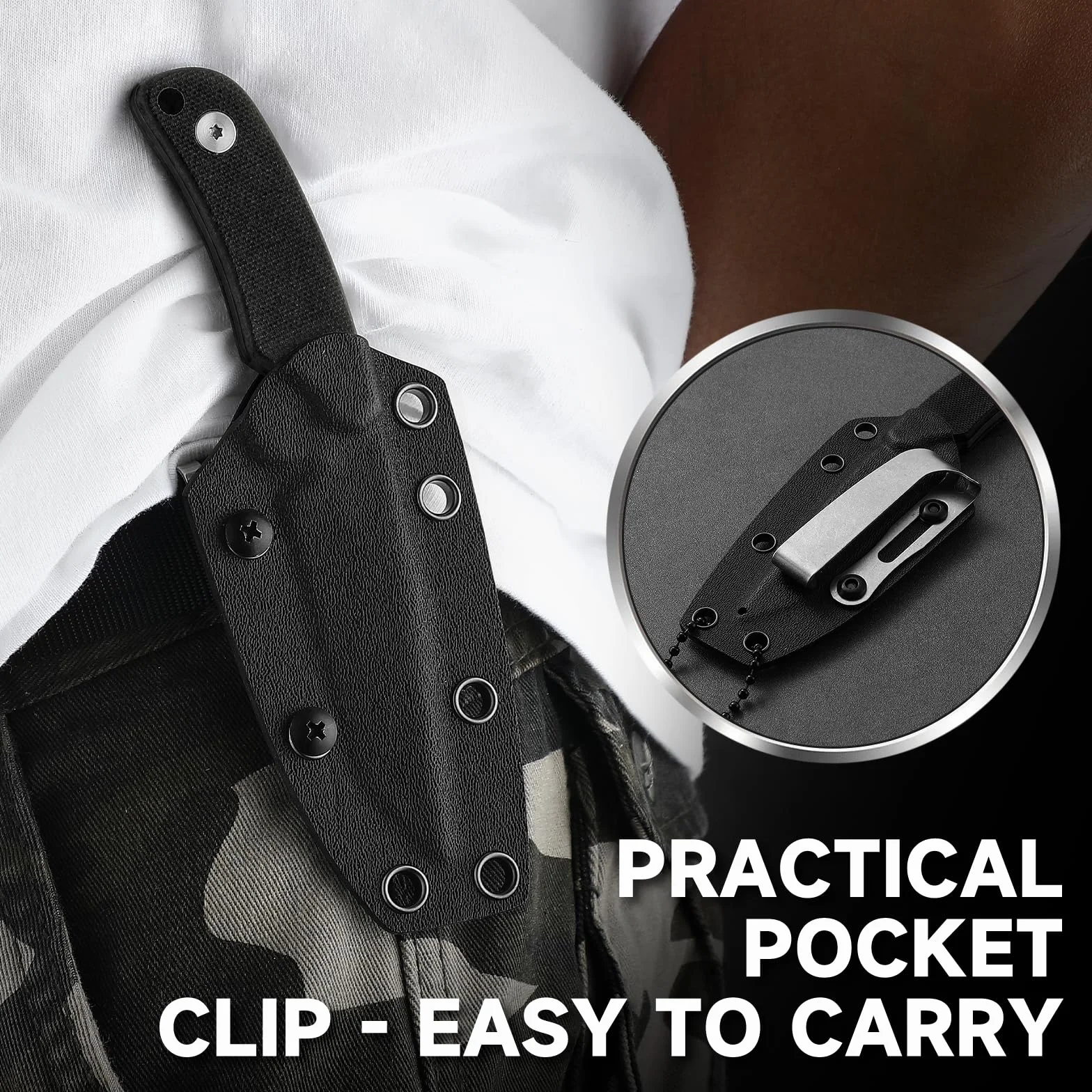 Omesio Tanto Neck Knife Pequeño Cuchillo Hoja Fija Full Tang Acero D2 Mango G10 Funda Kydex Clip Collar EDC