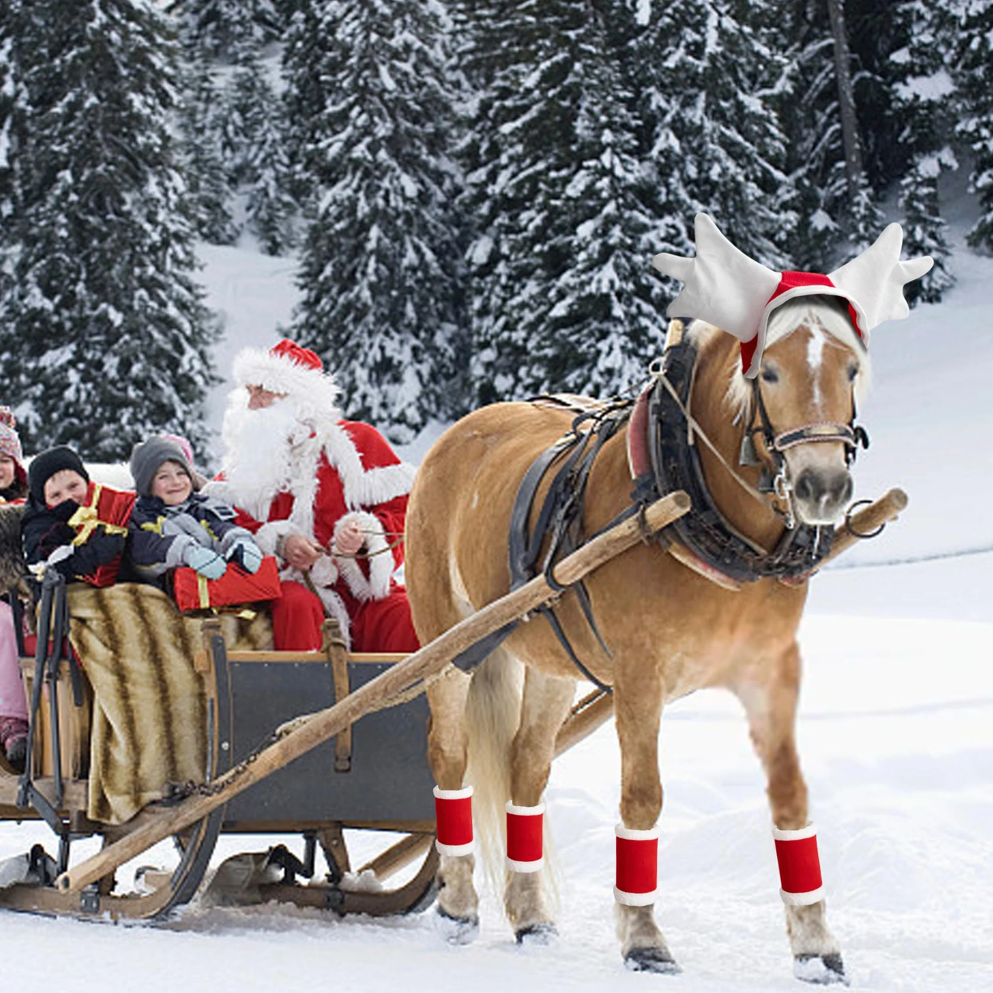 5 unidades/6 disfraces de Navidad de caballo, envoltura de terciopelo para piernas de caballo, sombrero de Snata, almohadilla de sillín para suministros de fiesta de vacaciones