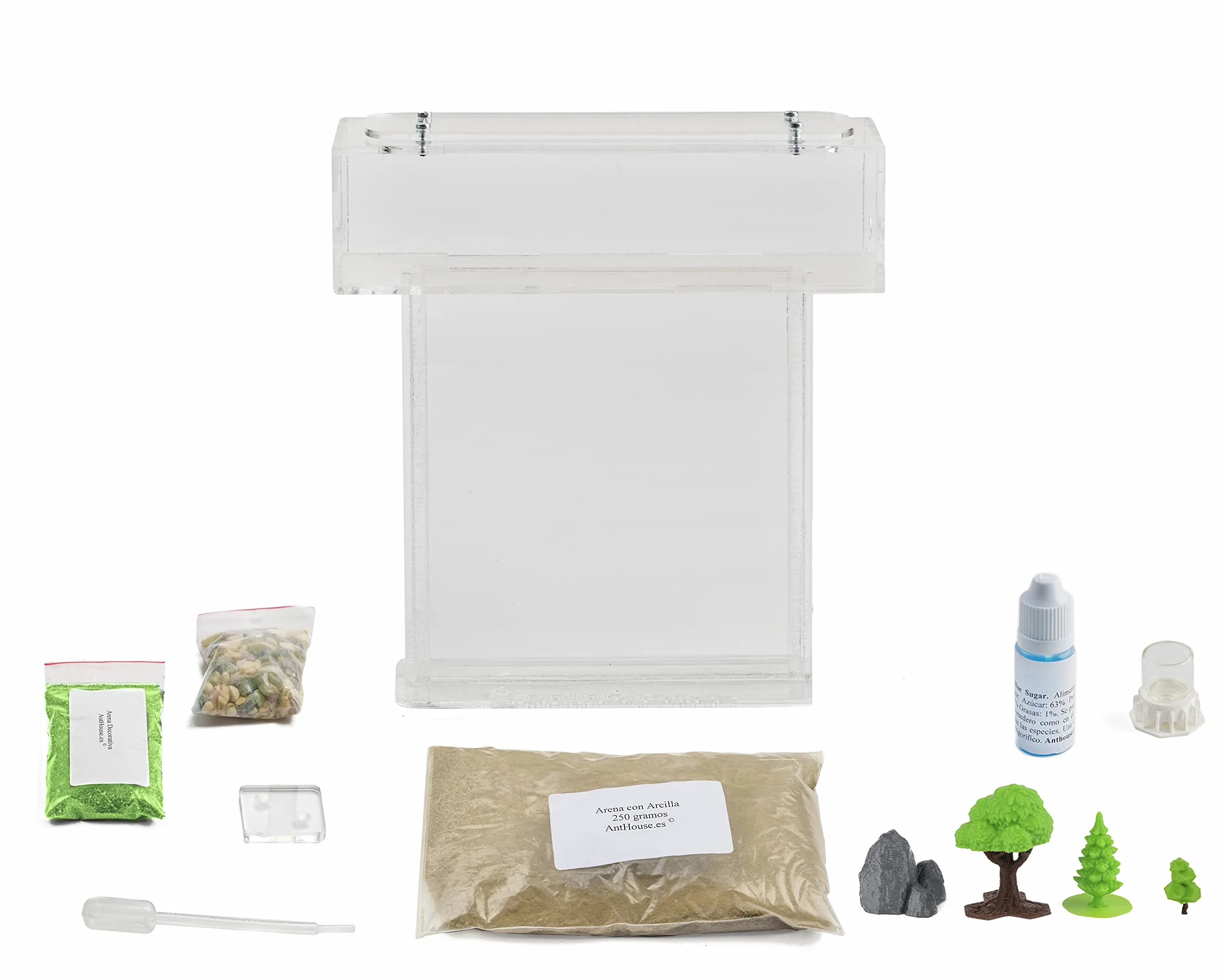 Anthouse.es - Kit Hormiguero Acrílico de Arena en Forma de T - Sándwich 15x15x1,5 cm y Caja de Forrajeo - Hormiguero con Hormigas Vivas Incluidas (Reina, Obreras, Huevos y Larvas) - Transparente