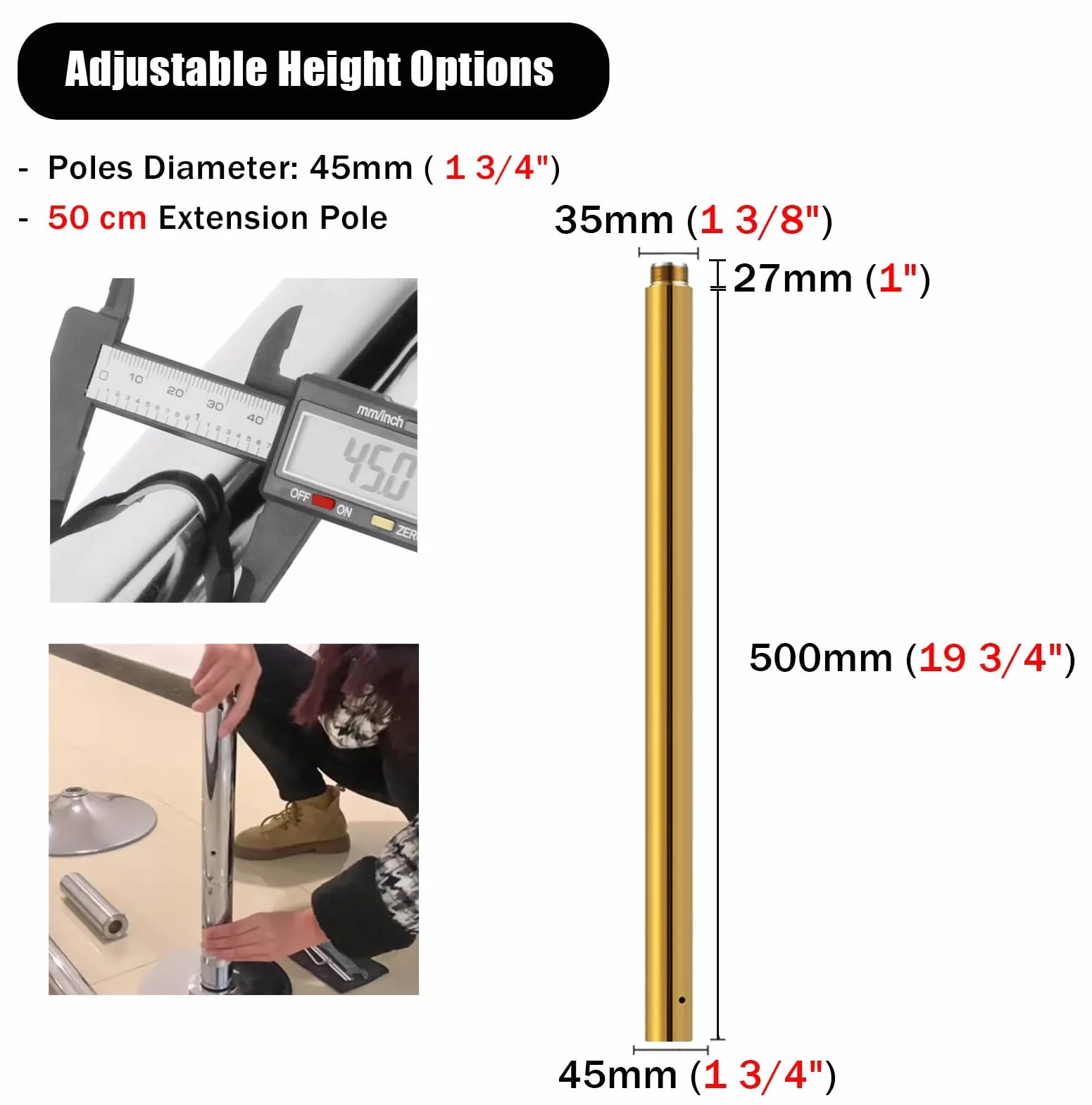 Barra Pole Dance Extensión del Polo de Baile 45 Mm Kit de Postes de Fitness 125/250/500 Mm para Conectar el Poste de Baile Tubo de Techos Ajustables de Altura 5 Colores