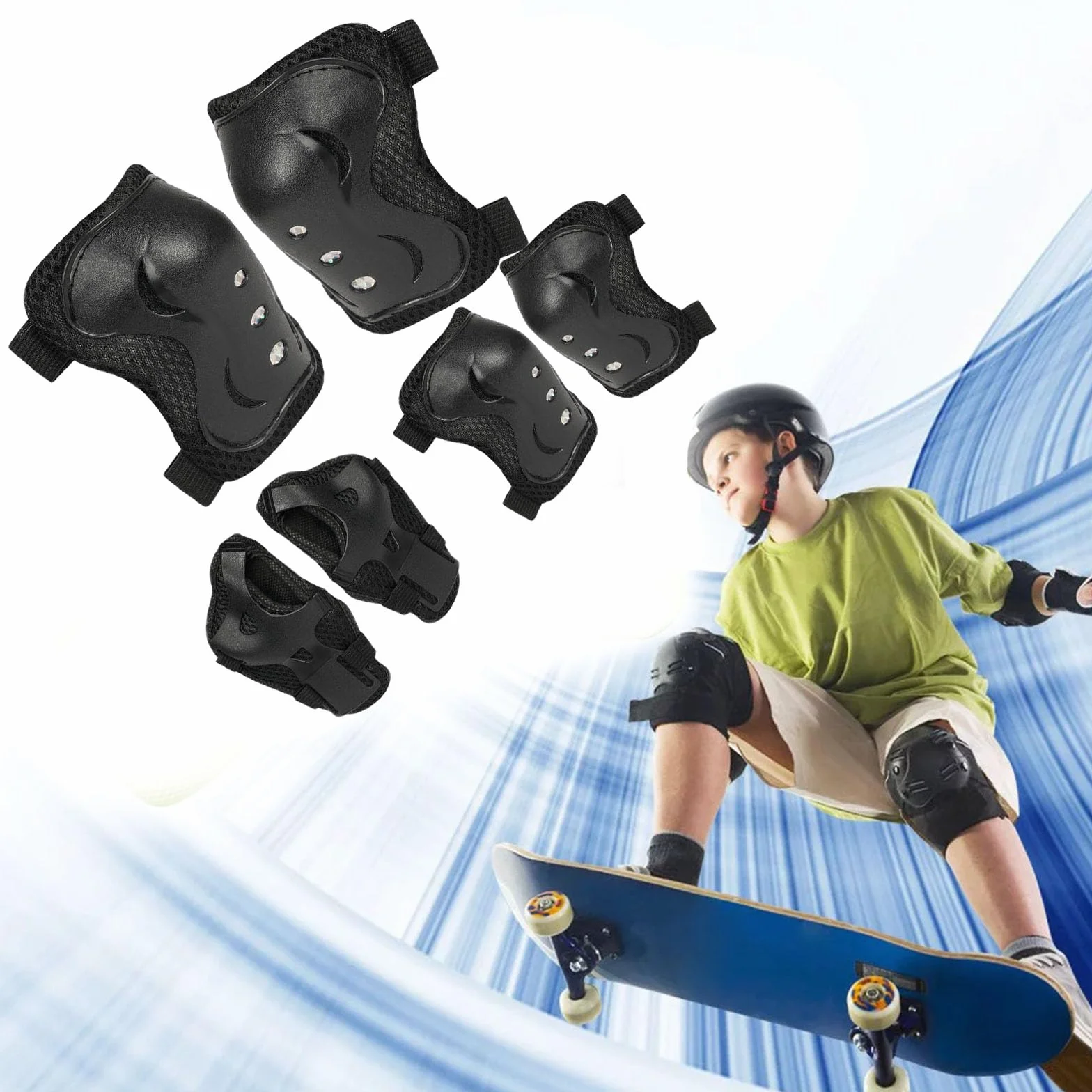 Set de Protección Infantil Negro Rodilleras Coderas Muñequeras 6 Piezas para Patines Bicicleta