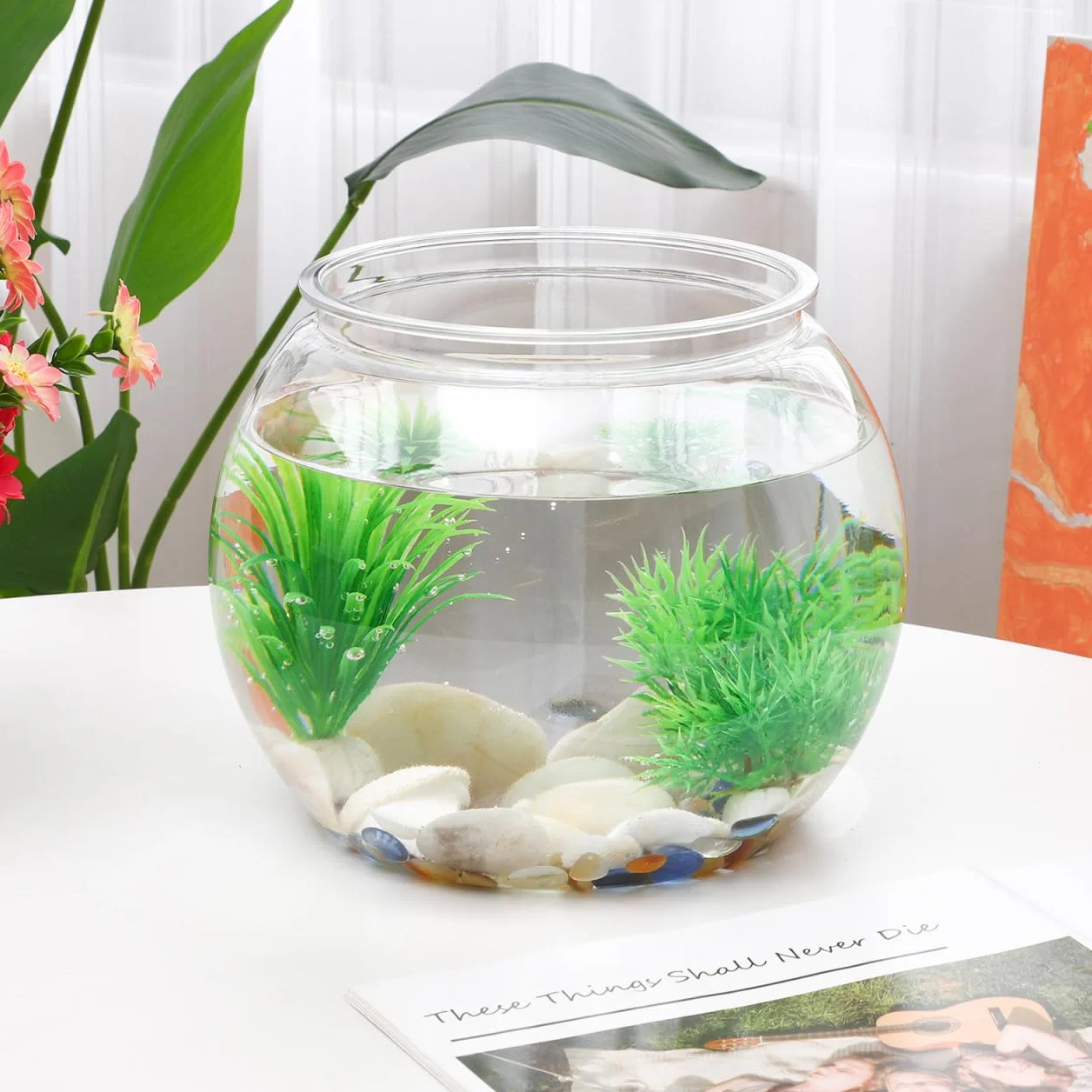 Pecera De Plástico Transparente Redonda De 8.66 Pulgadas para Escritorio Acuario Pequeño Portátil para Peces Y Tortugas Decoración para Hogar Y Oficina