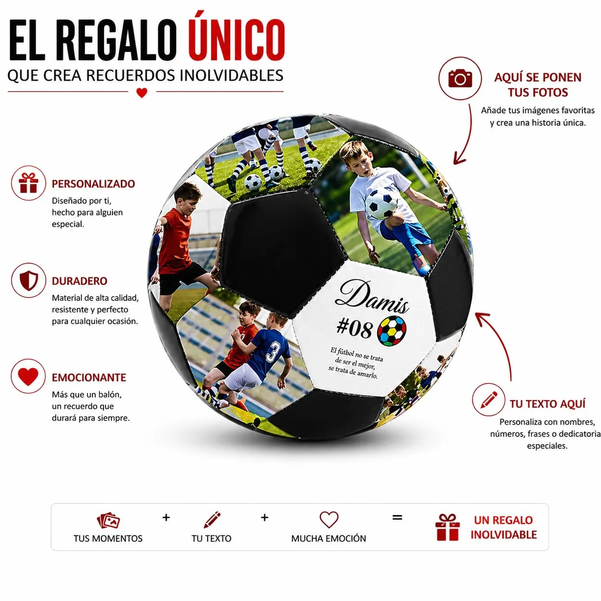 Balon de Futbol Personalizado con Fotos y Textos, 19 Fotos + 12 Textos, Regalo Original para Padres, Ninos y Entrenadores